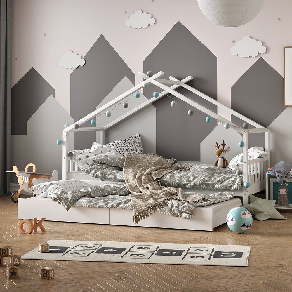 Hausbett Design, Weiß, 90x200 cm mit Gästebett und 2 Matratzen