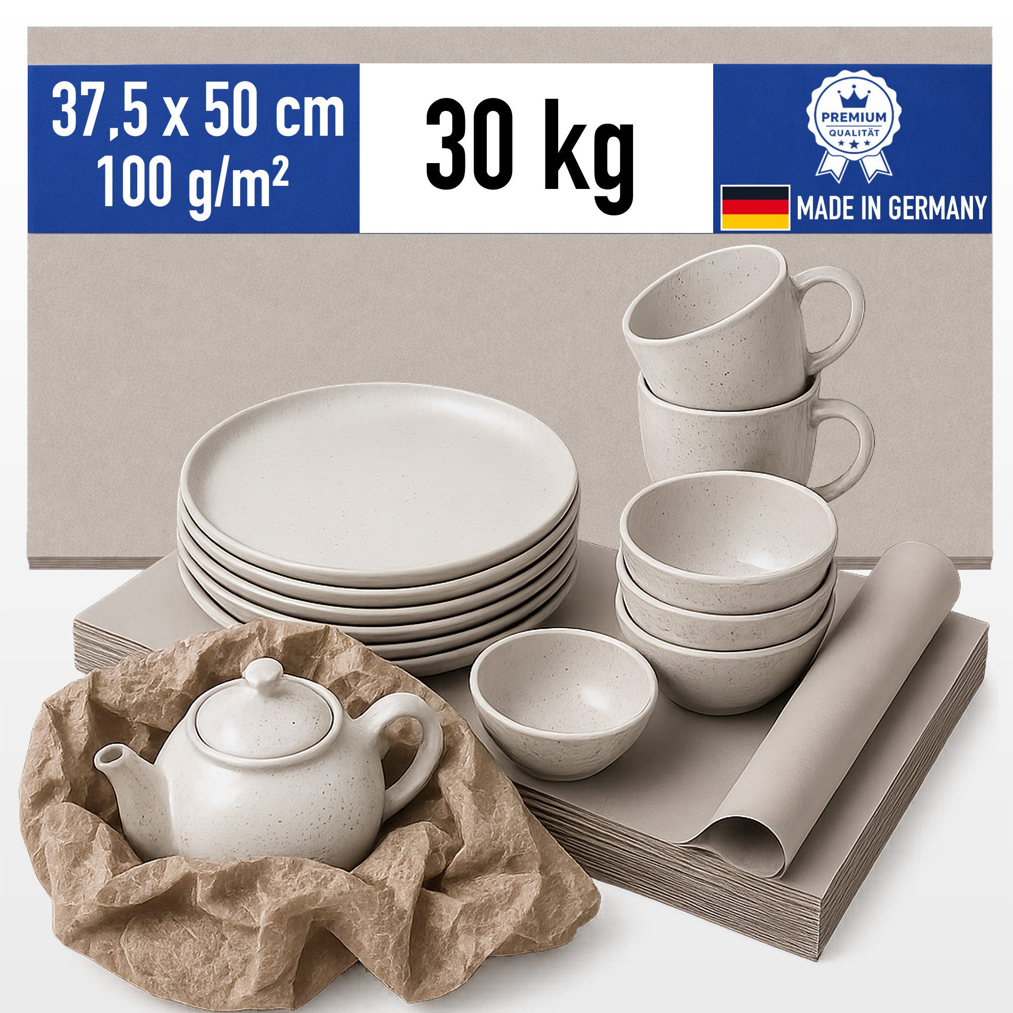 Papieronkel Recyclingpapier Schrenzpapier Packpapier Bögen 37,5x50cm 100g Packen Umzug Versand, 30kg Einschlagpapier, 100% Öko-Recycling, Made in Germany, plastikfrei