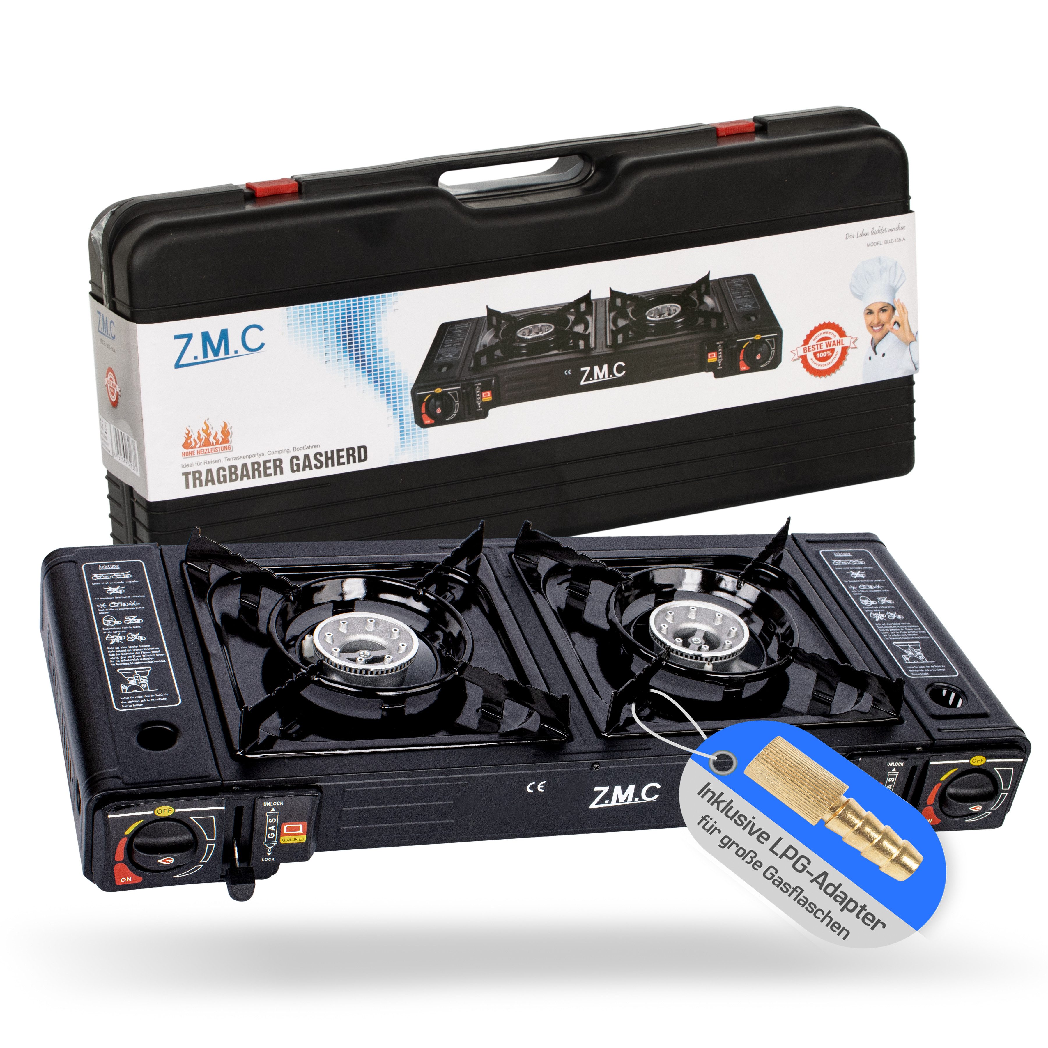ZMC Gaskocher Doppel Campingkocher Gaskocher 2 Flammig + Gaskartuschen 227g, (mit automatische Piezo-Zündung Wärmeleistung: 2,3KW, inkl. Adapter für LPG Anschluss), Outdoor Kartuschenkocher 2Fach Gasherd Ofen Butan Kochfeld Gas Kocher