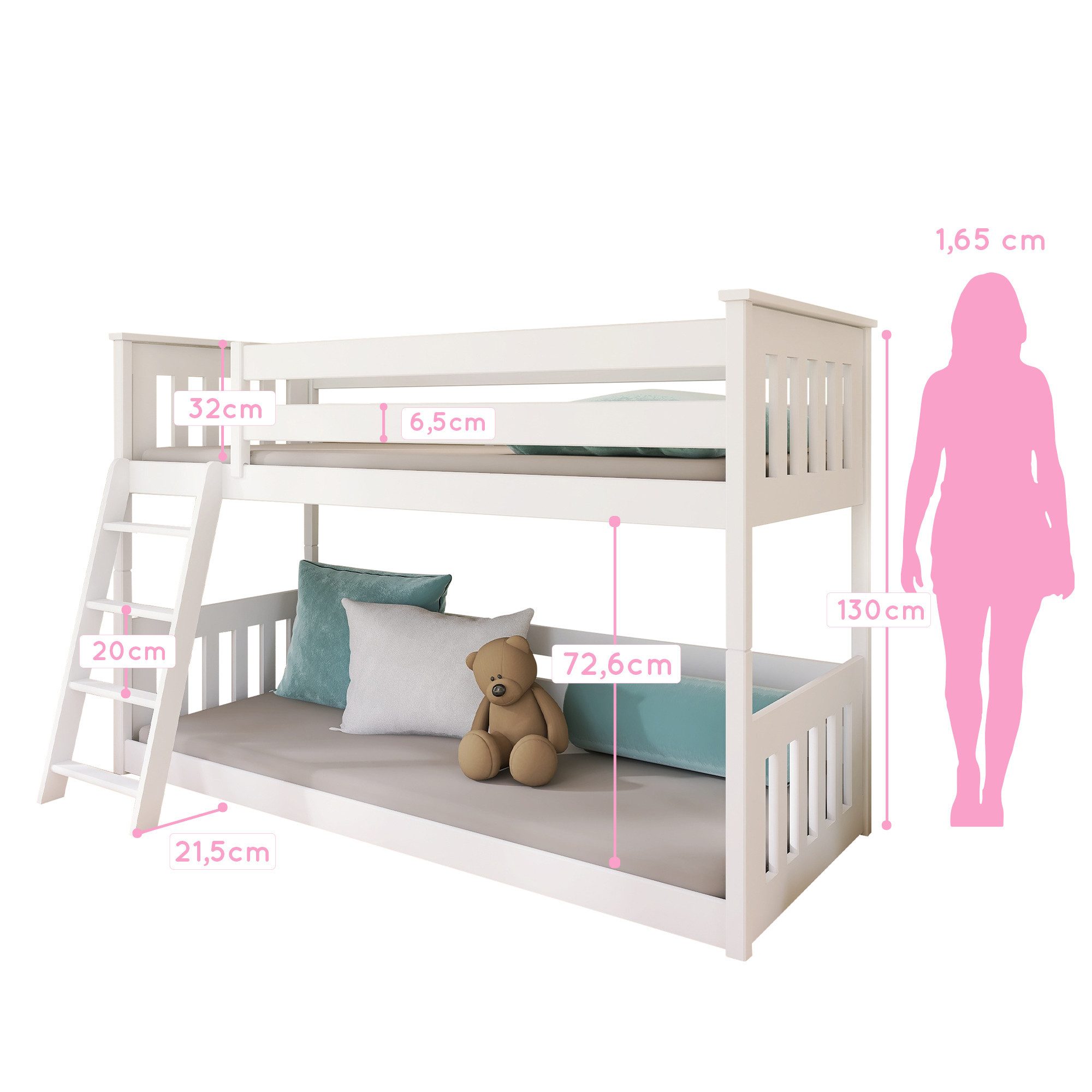 Kids Collective Bunk Bed, Loft Bed, Children's Bed 90x200 cm with Safety Rail & Slatted Base, Bed for Girls & Boys 90x200 cm, Solid Pine Wood, White