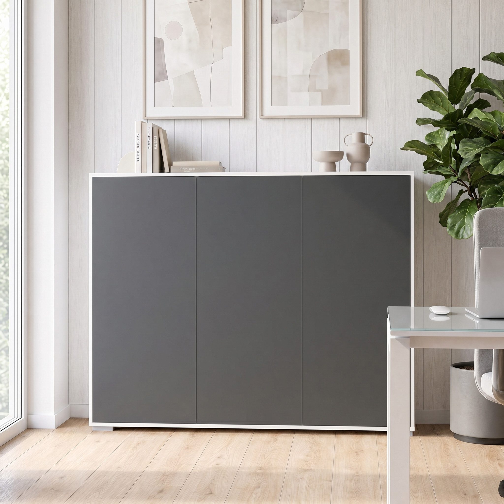 InnoFurn Highboard Elena M2 Weiß (Schrank), Aktenschrank mit Push-to-Open, Made in Germany