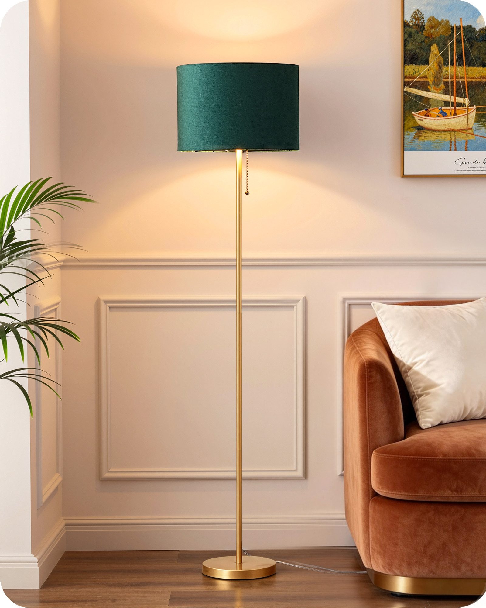 EDISHINE LED Stehlampe Wohnzimmer, LED wechselbar, warmweiß, Vintage Stehleuchte mit grünem Lampenschirm, Gold, 145cm