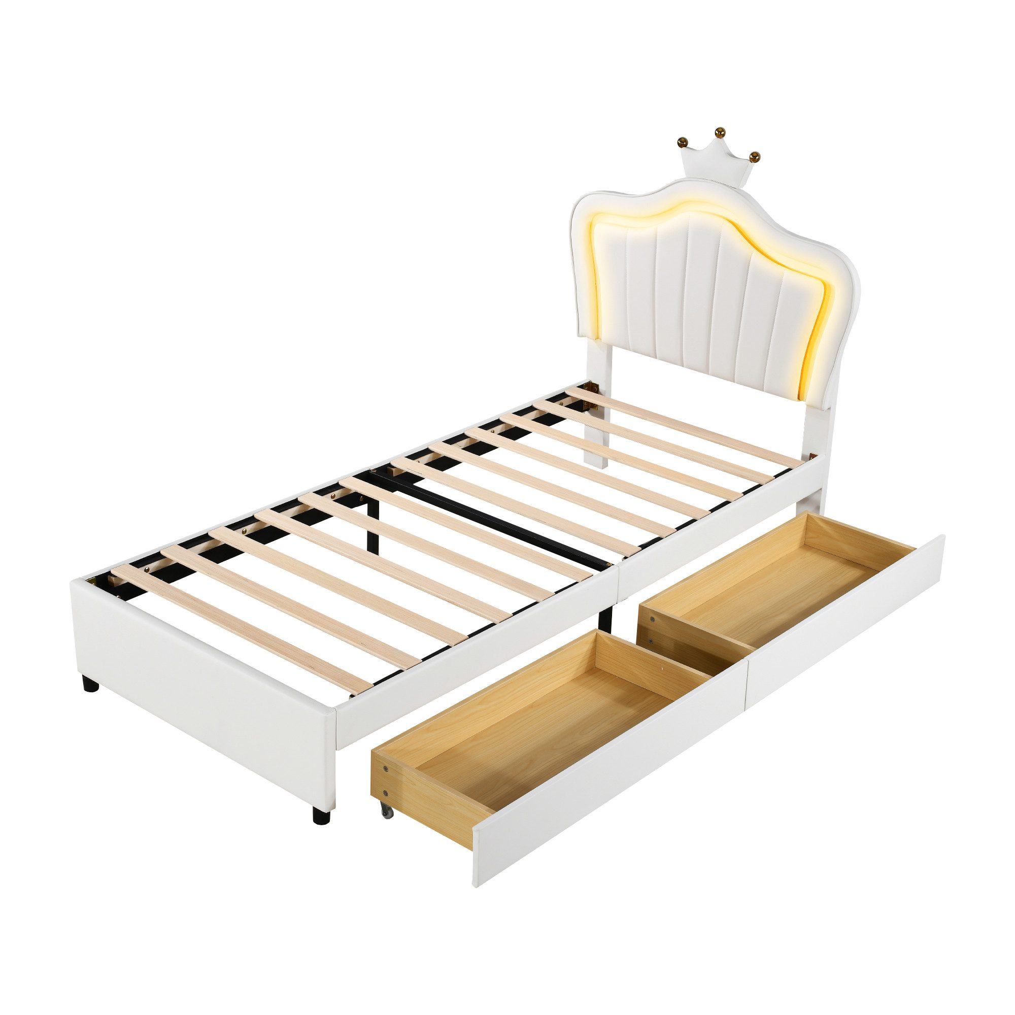 Rutaqian Polsterbett Doppelbett Kinderbett mit LED, Lattenrost und Rückenlehne, (1-tlg., stehen 2 Größen von), Kronendesign, 140 x 200 cm, aus PU-Leder, Ohne Matratze