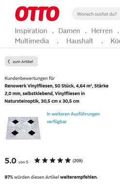 XXVinyl Vinylfliesen Hochwertige Design Vinyl Fliese selbstklebend, 25 Stück = 2,32 m², selbstklebend im Fliesenformat 30,5 cm x 30,5 cm