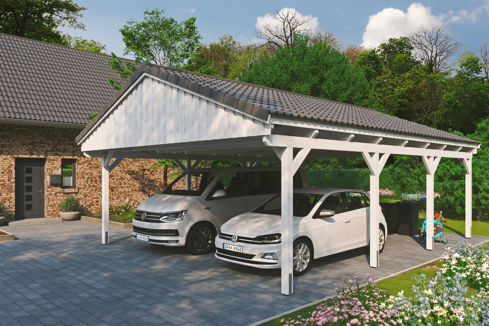 Skanholz Doppelcarport Fichtelberg, BxT: 618x808 cm, 574 cm Einfahrtshöhe,  mit Dachlattung, Massive Konstruktion aus hochwertigem Leimholz (BSH-Fichte)