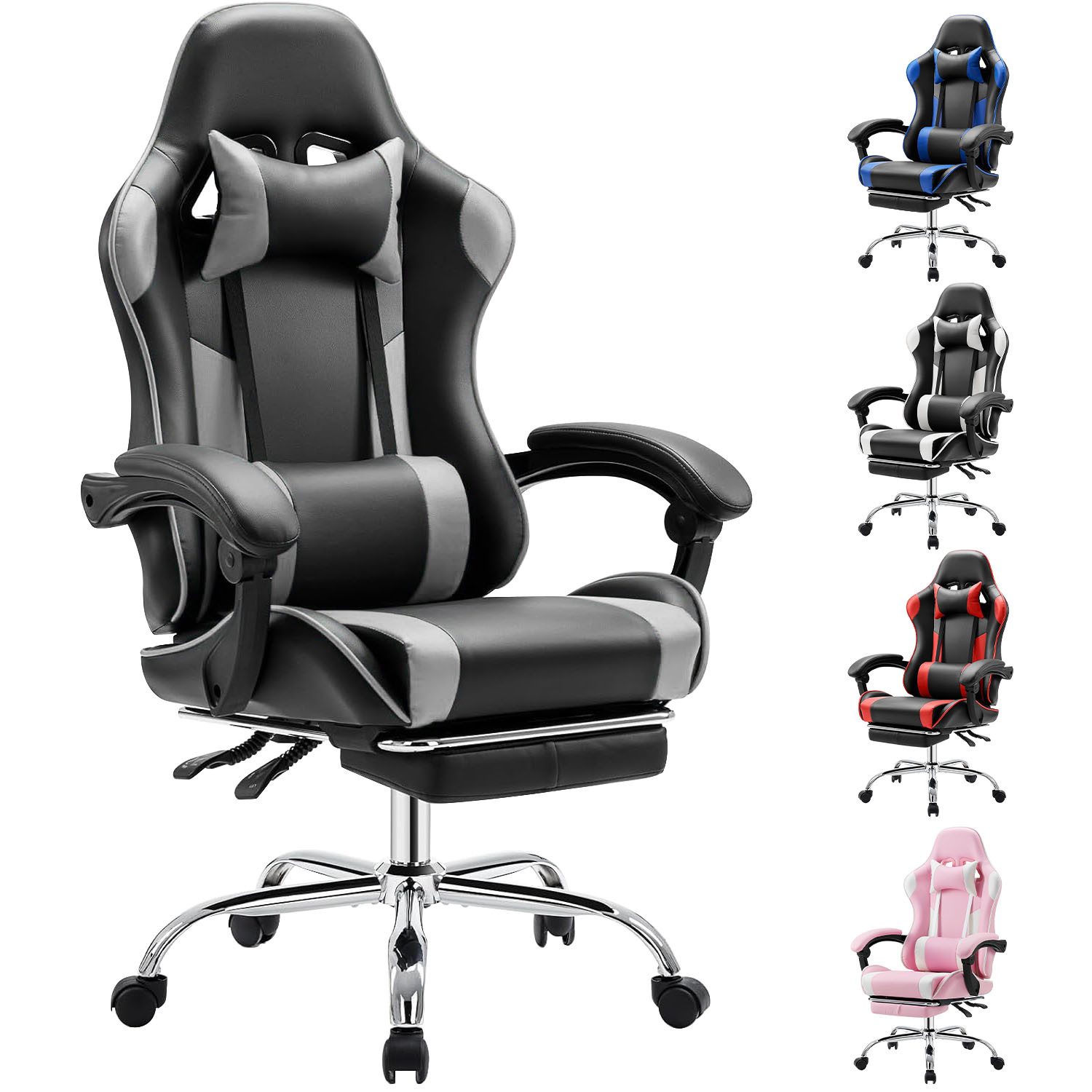 Refined Living Gaming-Stuhl Ergonomie Gaming chair mit Fußstütze, Kopfstütze Massage-Lendenkissen (Verstellbare Neigung auf der Rückseite Höhenverstellbar Computerstuhl), Gepolstert Bürostuhl  Drehstuhl 360° für Erwachsene Mädchen Junge