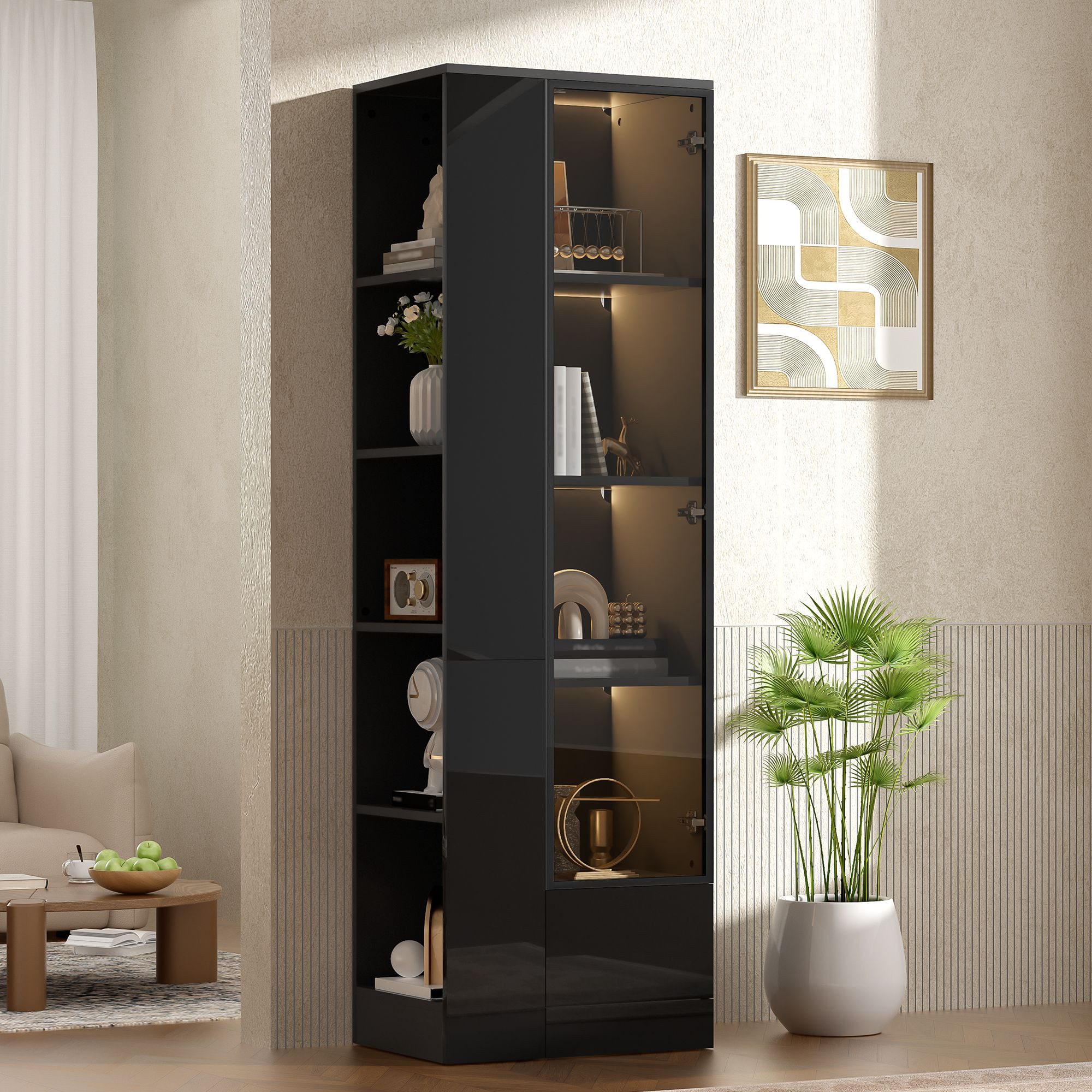Merax Glasvitrine Sideboard, Vitrine mit Glastür und LED-Beleuchtung (1-St., Hochglanz Schrank) mit Schublade und offenen Regalen, …