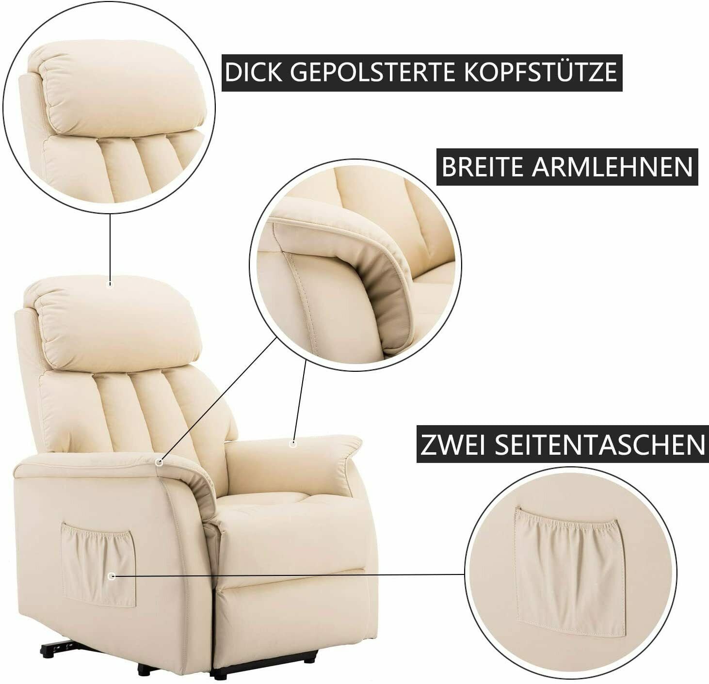 Fernsehsessel Creme Kusntleder Relaxsessel elektrisch Elektrisch verstellbar, MCombo Aufstehhilfe Relaxsessel 7299, MCombo