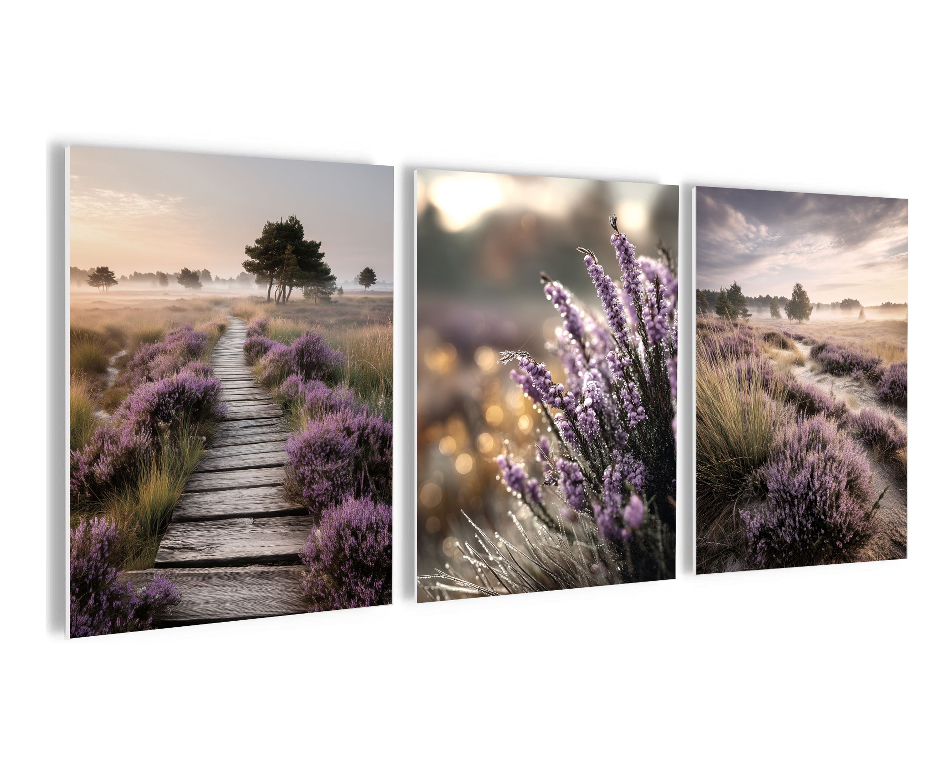artissimo Mehrteilige Bilder Wandbilder-Set 3er-Set / natürliche Wanddeko / Wohnzimmer, Landschaft: Heidelandschaft mit lila Blüten in beige flieder