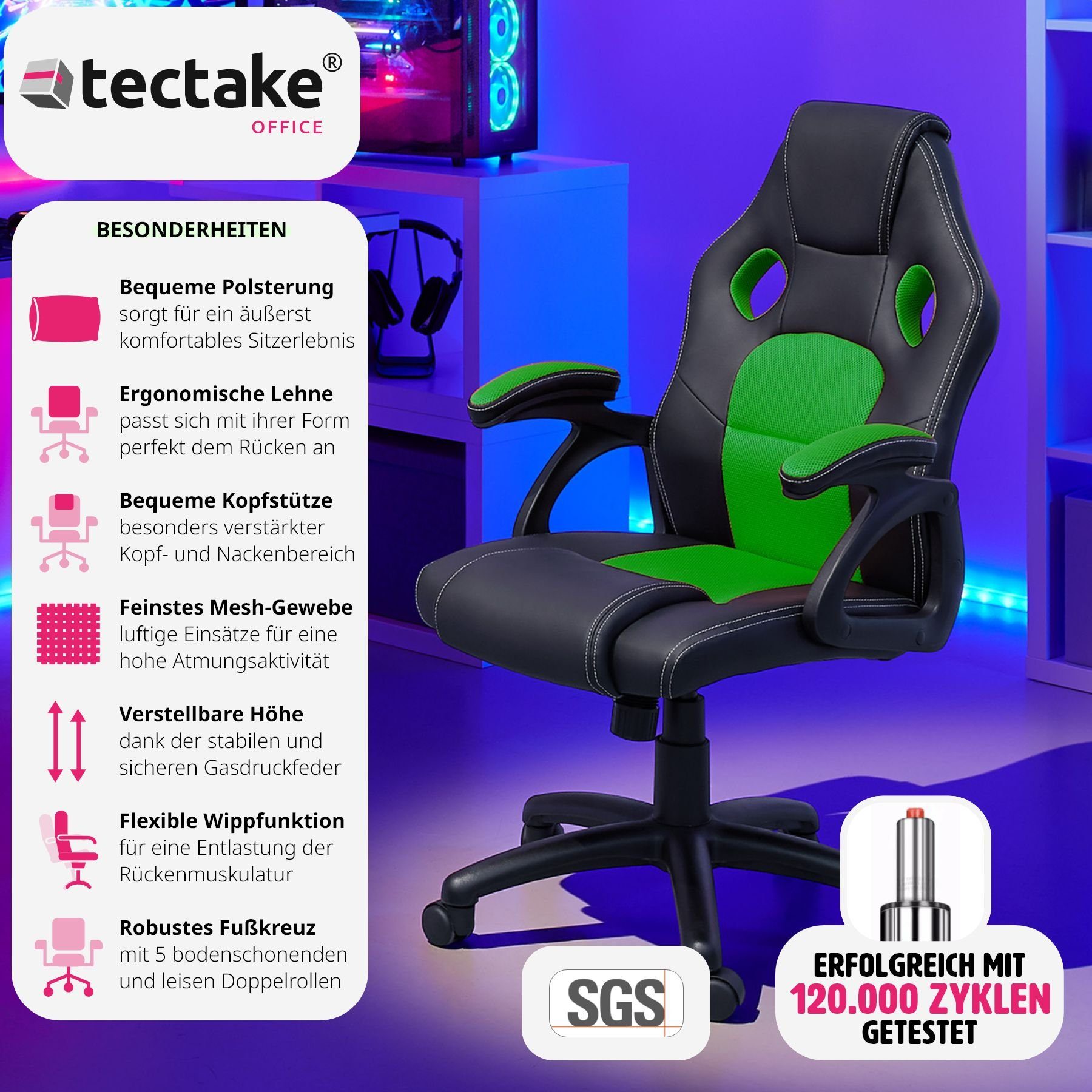 tectake Gaming-Stuhl Bürostuhl (Set, 1 St), Textileinlagen gegen Schwitzen günstig online kaufen