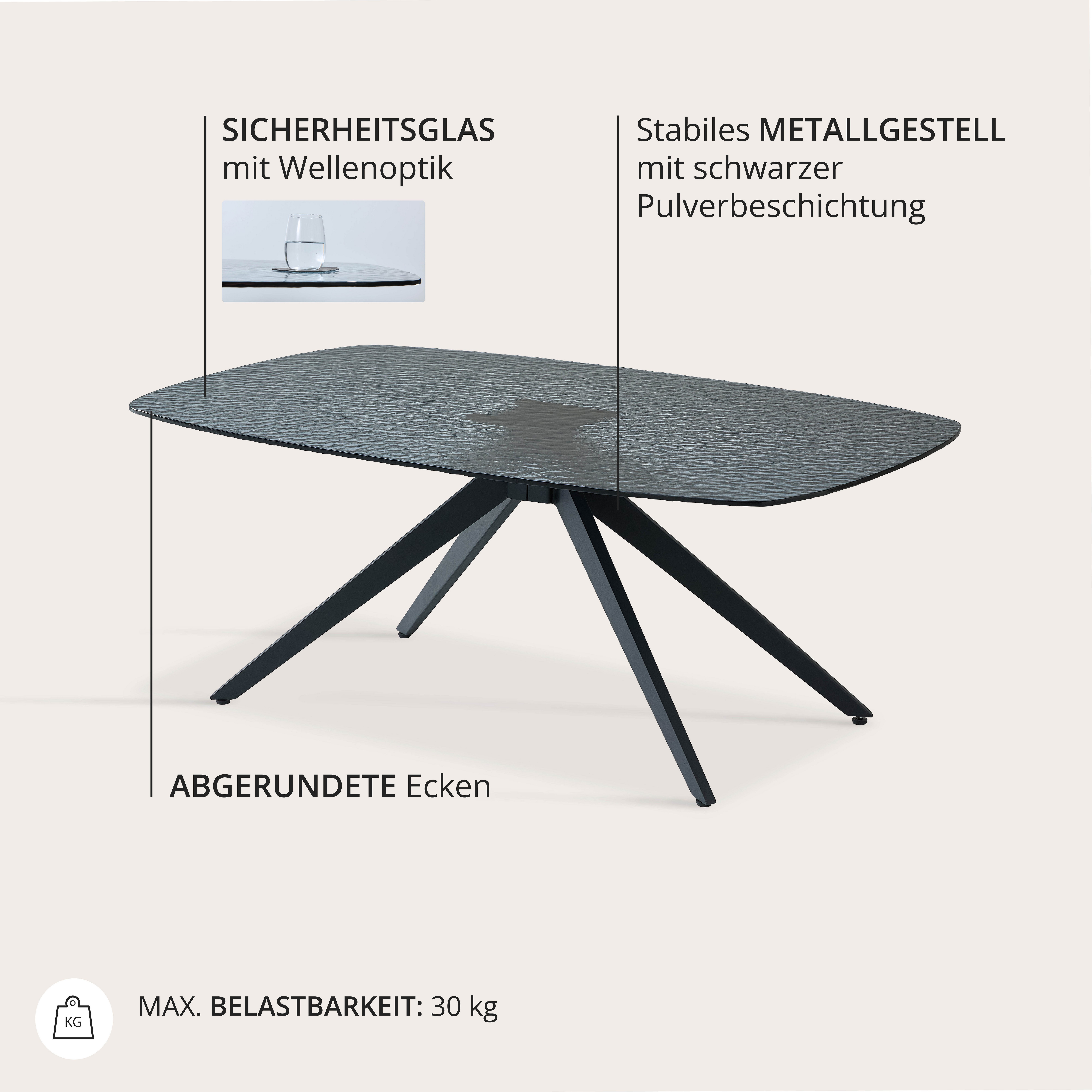 Stolkom Sp.z.o.o. Couchtisch Elias Glastisch schwarz, Wohnzimmertisch BxHxT 110x44x70 cm, Sicherheitsglas Bruchsicher, Glasplatte Wasserwelle schwarz getönt
