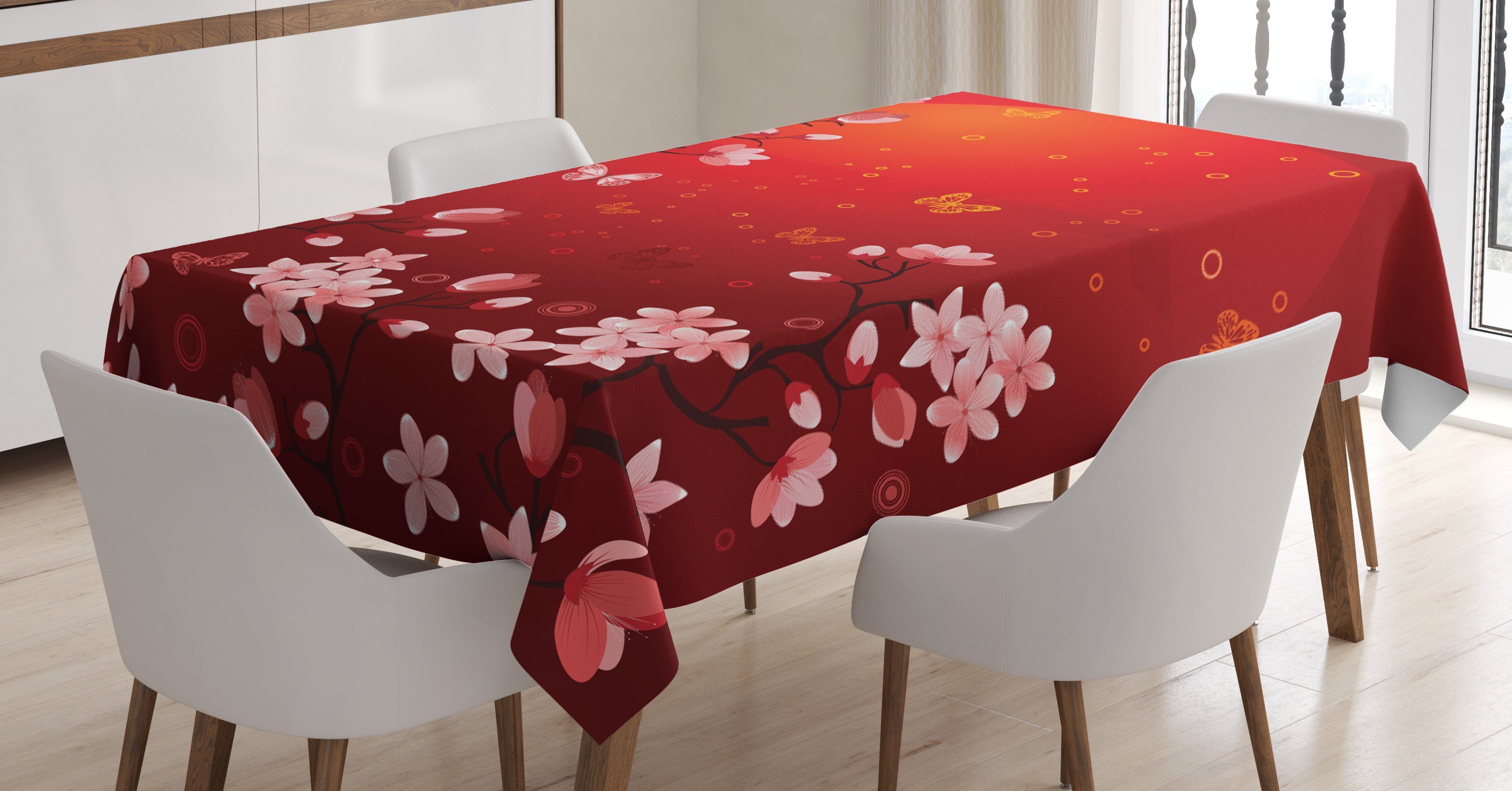 Für Sonnenuntergang geeignet Klare Außen Bereich und Farben, Farbfest rot Abakuhaus Tischdecke Waschbar Abstrakter Sakura den