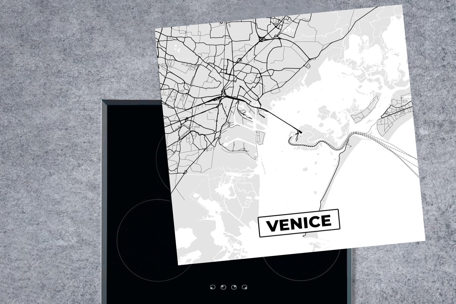 küche Vinyl, MuchoWow und Ceranfeldabdeckung, Arbeitsplatte Stadtplan (1 - 78x78 cm, Schwarz weiß, Herdblende-/Abdeckplatte Karte tlg), - Venedig - für