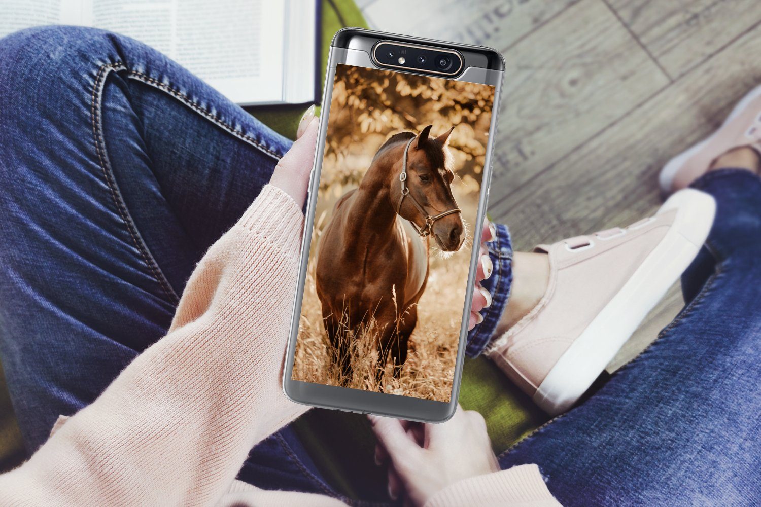 MuchoWow Handyhülle für Samsung Galaxy A80 Pferd - Sonne - Porträt - Natur - Braun, Phone Case, Silikon, Schutzhülle Dünn