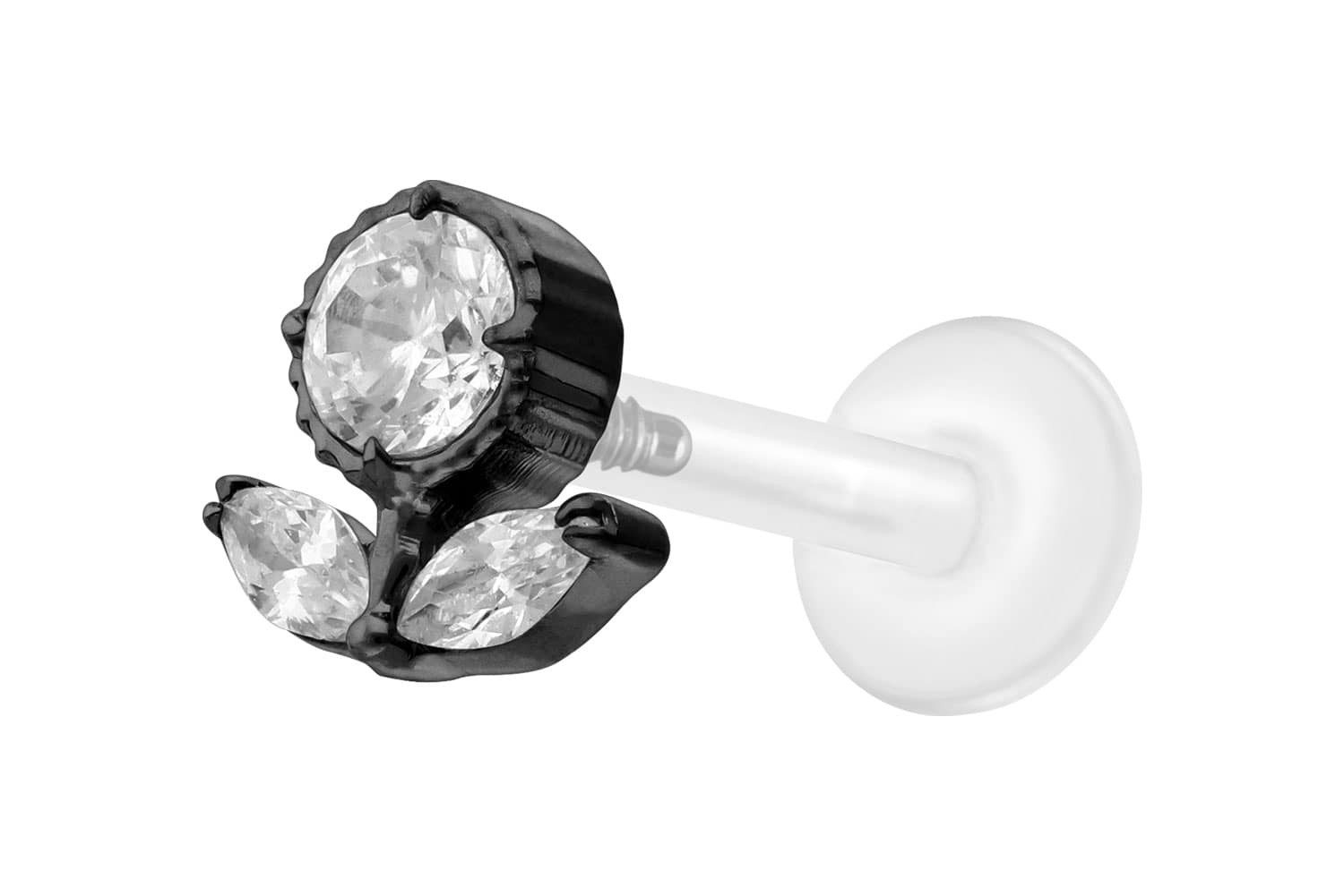Piercing-Set PTFE Labret mit Innengewinde + Titan-Aufsatz KRISTALLBLUME