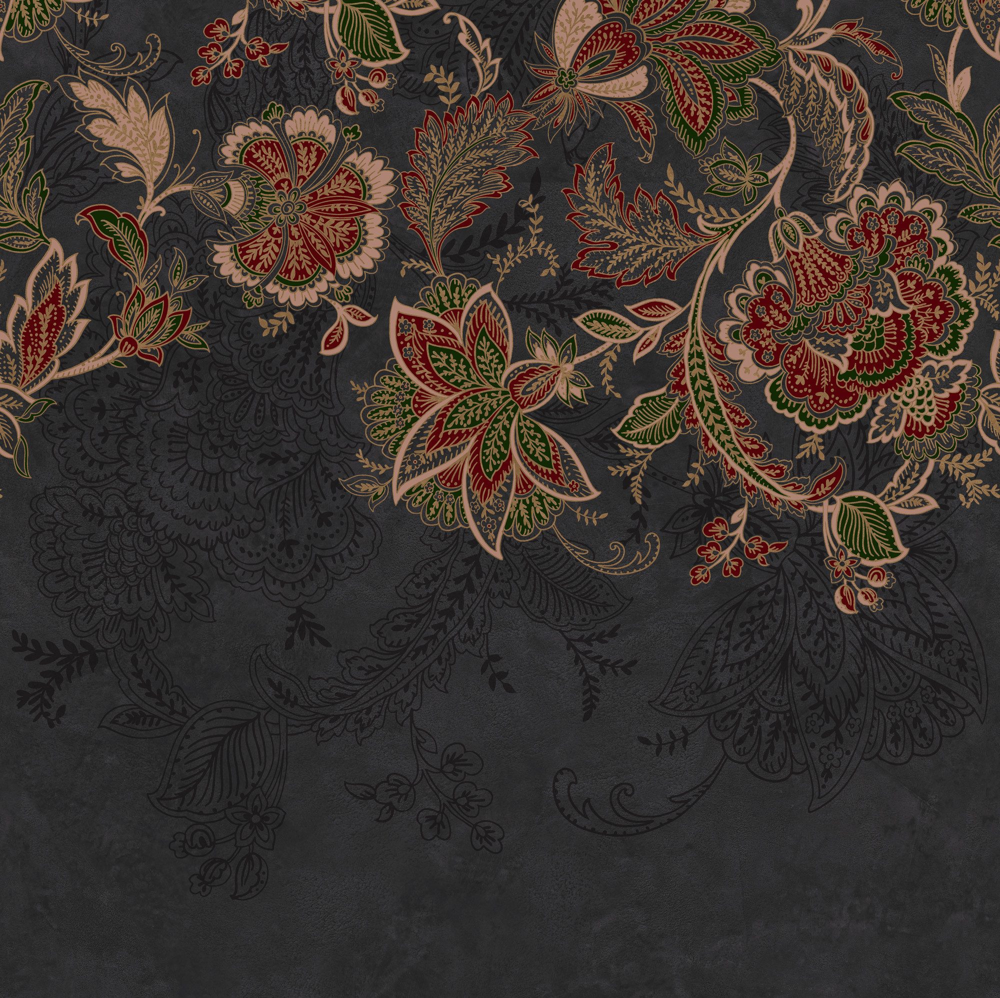 Rasch Fototapete Paisley Blumenranken - Vliestapete Schwarz Rot, floral, (1 Rolle, 1 St., 3 m x 3 m), Lichtbeständige Farben - Feucht abwischbar - Restlost abziehbar