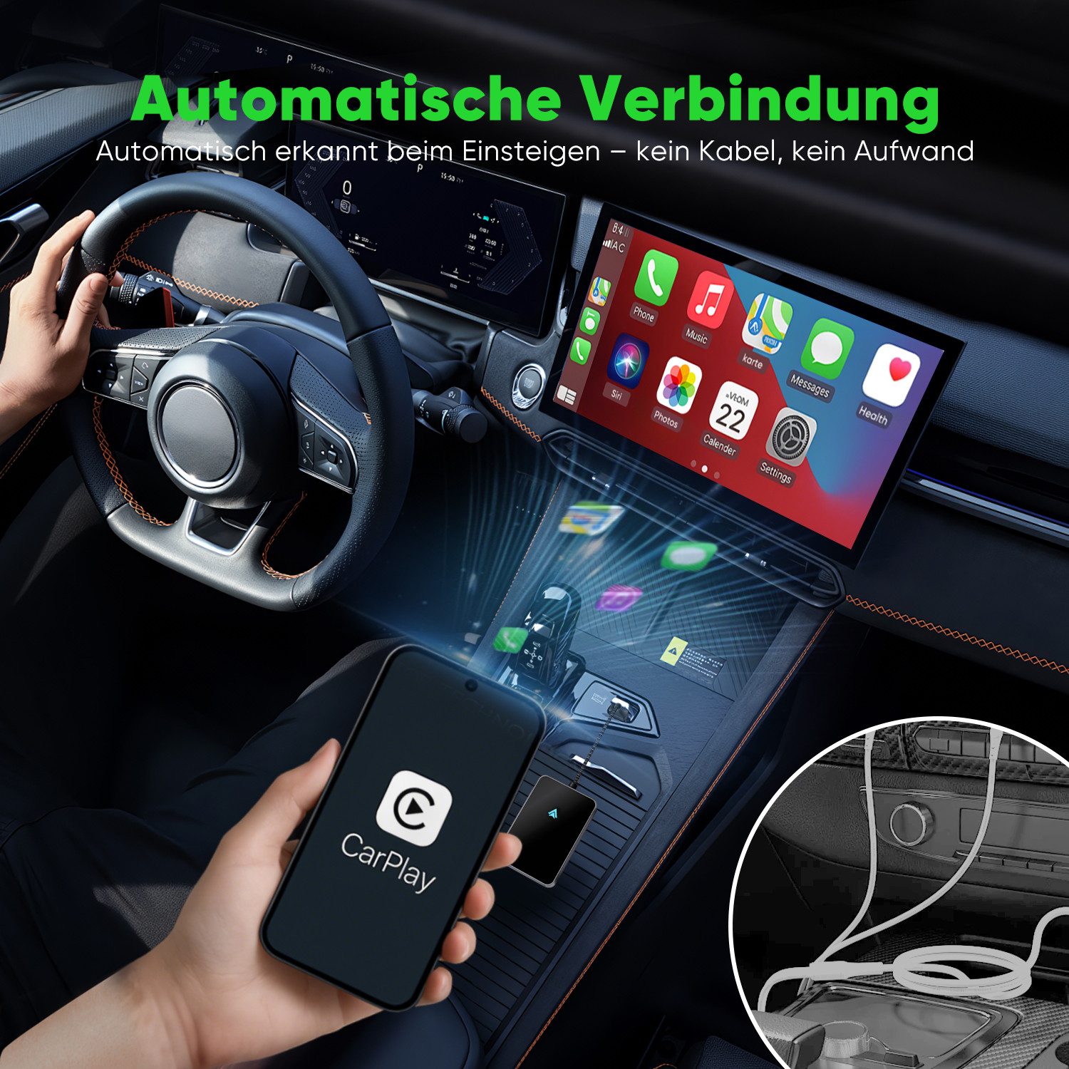 Salcar Wireless CarPlay Adapter für iPhone Dualband 5.8 GHz, ohne Verzögerung Adapter zu USB Typ A, Kompatibel mit iPhone 6 & iOS 10+, Plug & Play Dongle