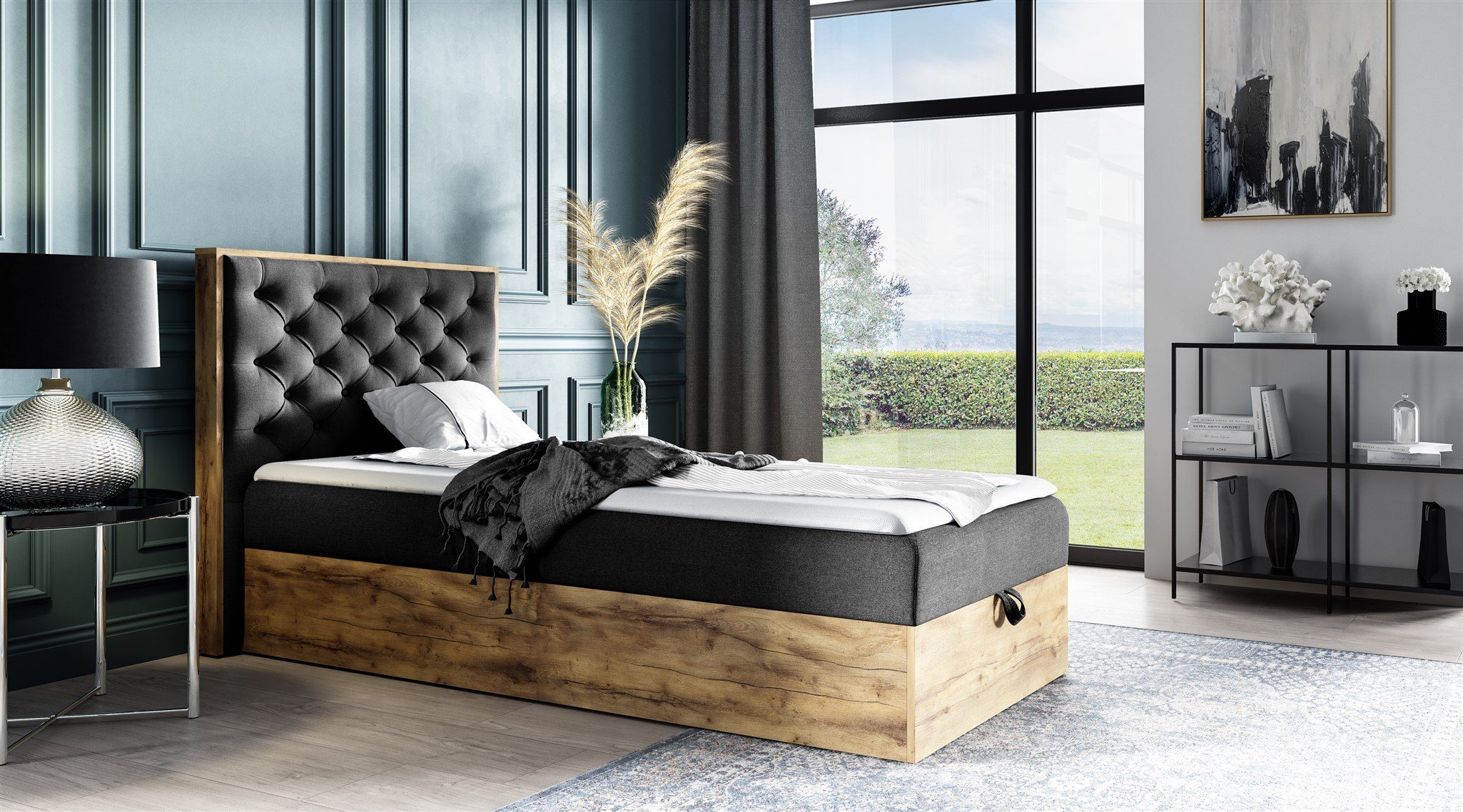 Fun Möbel Boxbett Gästebett Einzelbett Bett DIONA MINI in Stoff (Artisan-Eiche Optik, in drei Größen), Inkl. Bettkasten und Topper