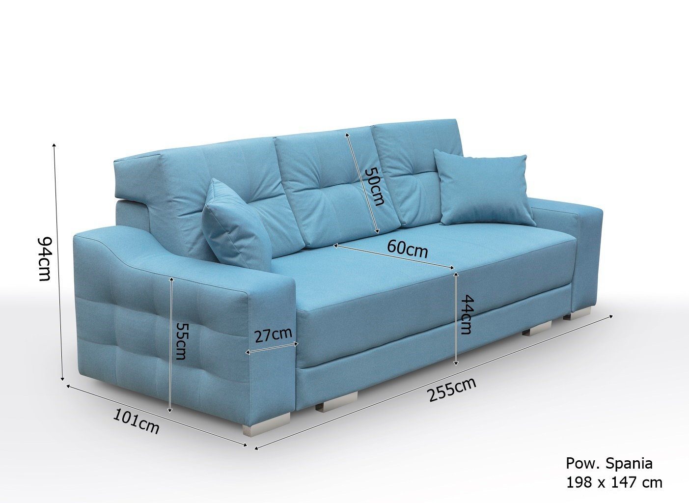 Siblo 3-Sitzer Elegantes Dreisitzer Sofa Blau Malvina mit Schlaffunktion