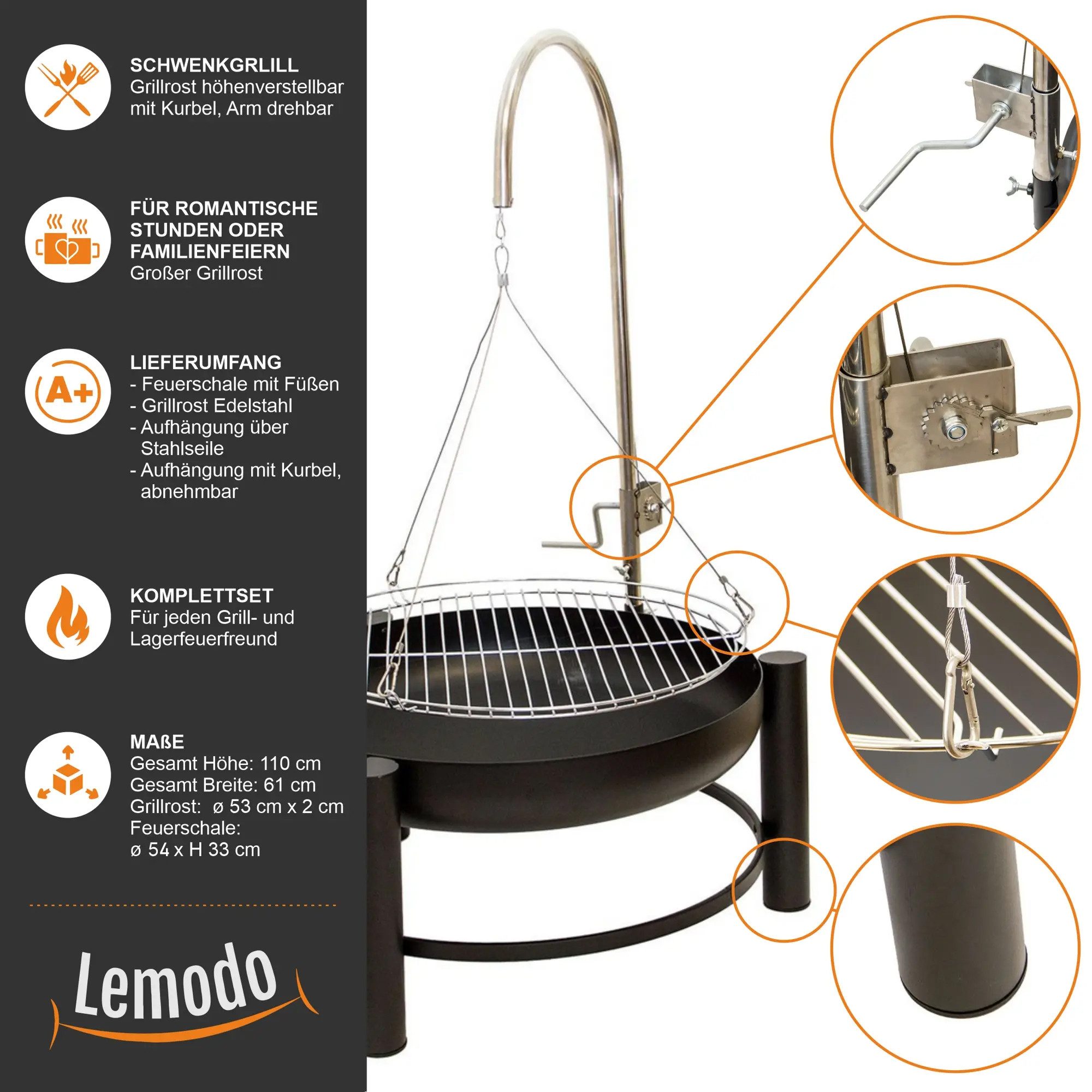 Lemodo fire bowl swivel grill with height-adjustable grill grate, (1 set), swivel grill with grill grate, height-adjustable with crank, fire pit