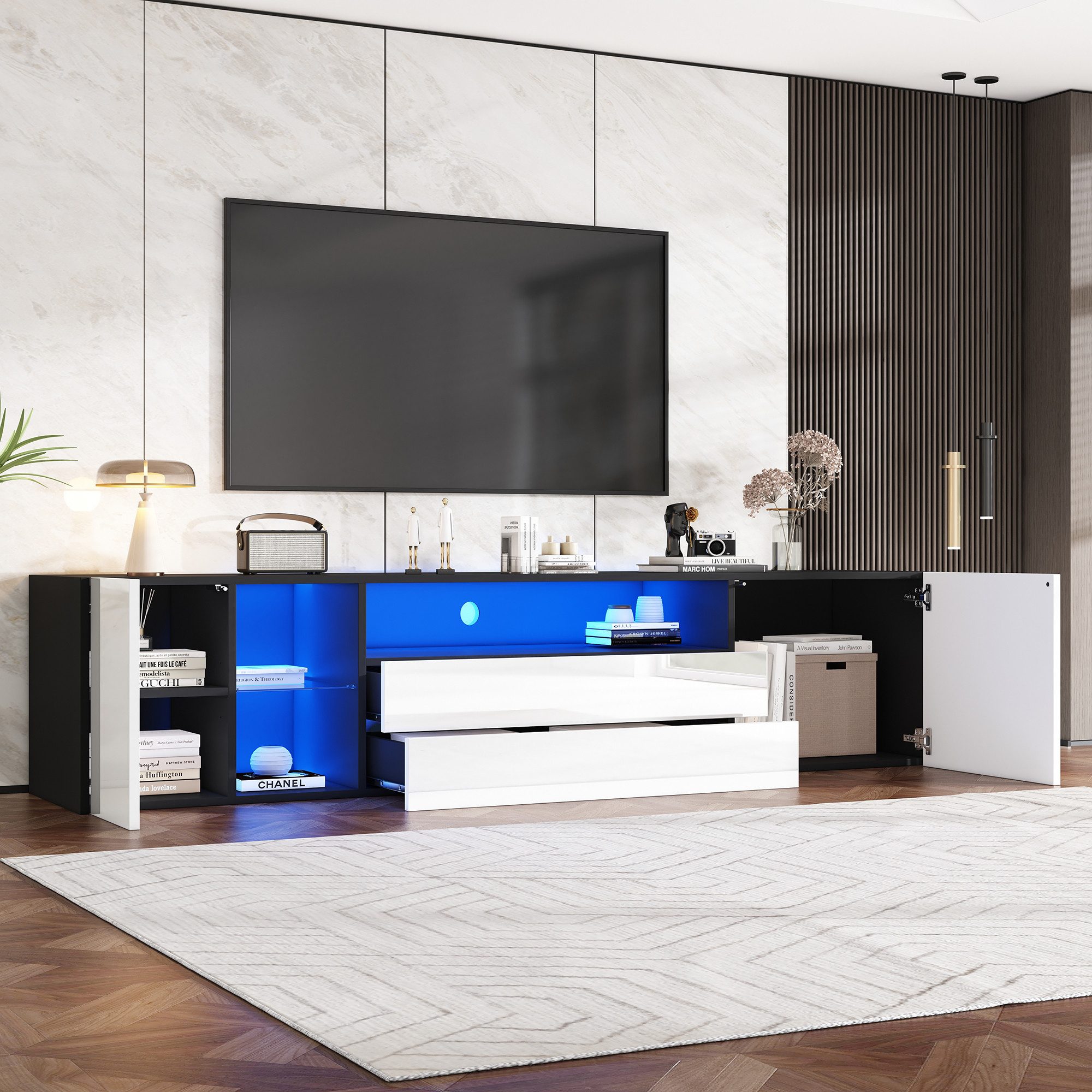 Odikalo TV-Schrank TV-Bank Lowboard Fernsehschrank Medienschrank 75-Zoll-TVs Weiß+Schwarz