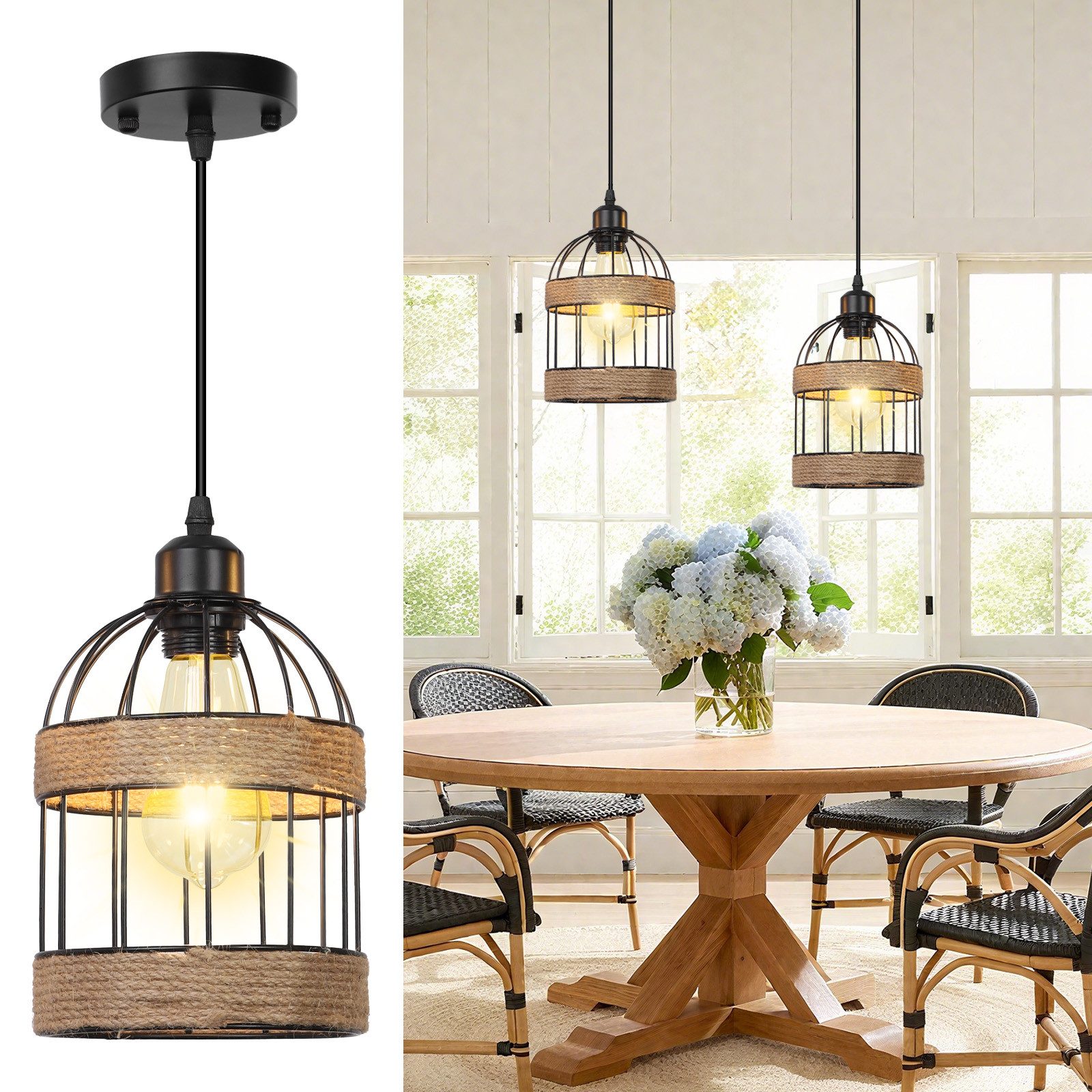 Rosnek LED Pendelleuchte 1-flammige Rattan Pendelleuchte, Boho Mini Kronleuchter, handgefertigt, Halogen, Farmhouse Hängelampe für Küche, Insel, Bar, Flur & Schlafzimmer