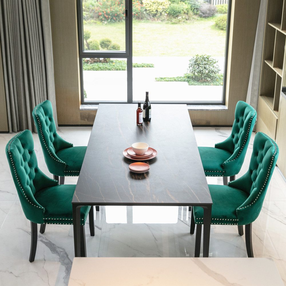 BBG Esszimmerstuhl 2er Set Esszimmerstühle Samt Chesterfield, bis 130 kg, French Style (Polsterstühle mit Knopfheftung & Ziernieten, Massivholz Rubberwood, 2 St), Hochlehner Dining Stuhl gepolstert