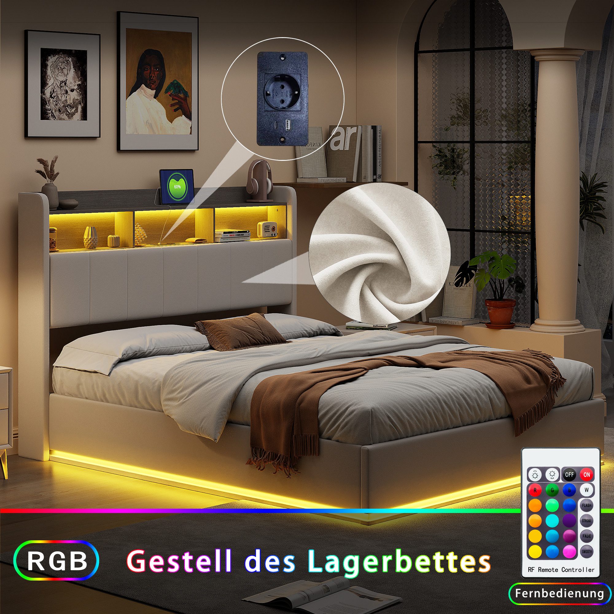 FUROKOY Polsterbett Boxspringbett Doppelbett LED Licht, günstig online kaufen
