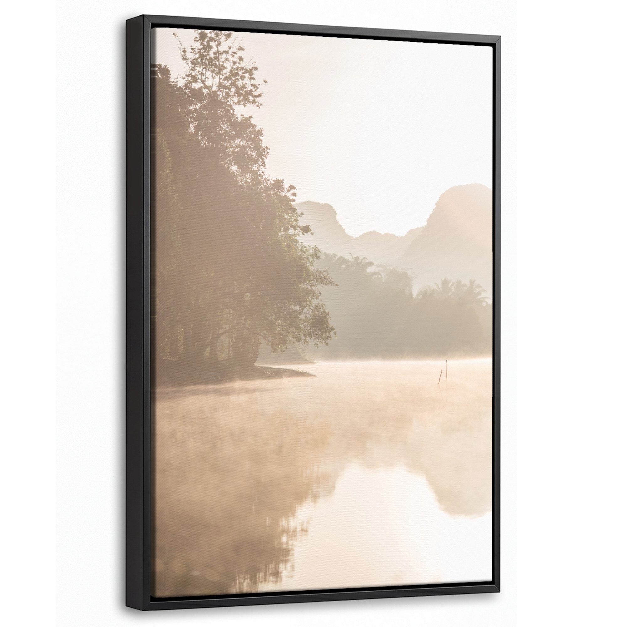 OneMillionCanvasses® Leinwandbild mit Rahmen - Landschaft - Wald - Wasser - Nebel - Beige, Fotodruck (1 St), Deko für Wohnzimmer Schlafzimmer Küche 20x30cm