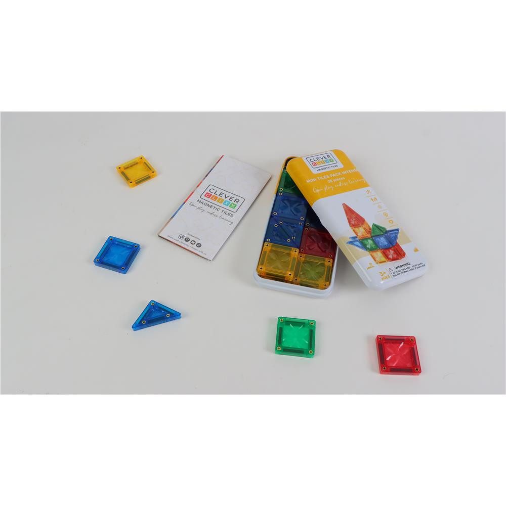 Cleverclixx Cleverclixx Mini Tiles Pack Intense – 28 Teile Magnetspielbausteine, kompaktes Design für unterwegs, Spielzeug ToGo, erweiterbare Sets