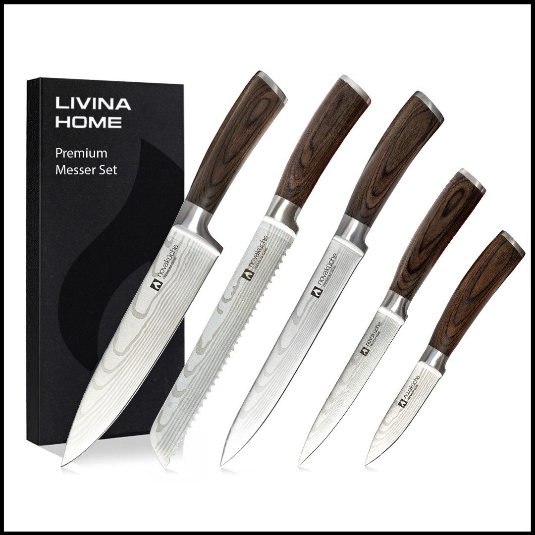 LIVINA HOME Messer-Set Profi Chefmesser Set – Scharfe 20 cm Klinge aus hochwertigem Edelstahl (5-tlg), Schneidemesser, Küchenmesser, Kochmesser, Oster Deal Sale!