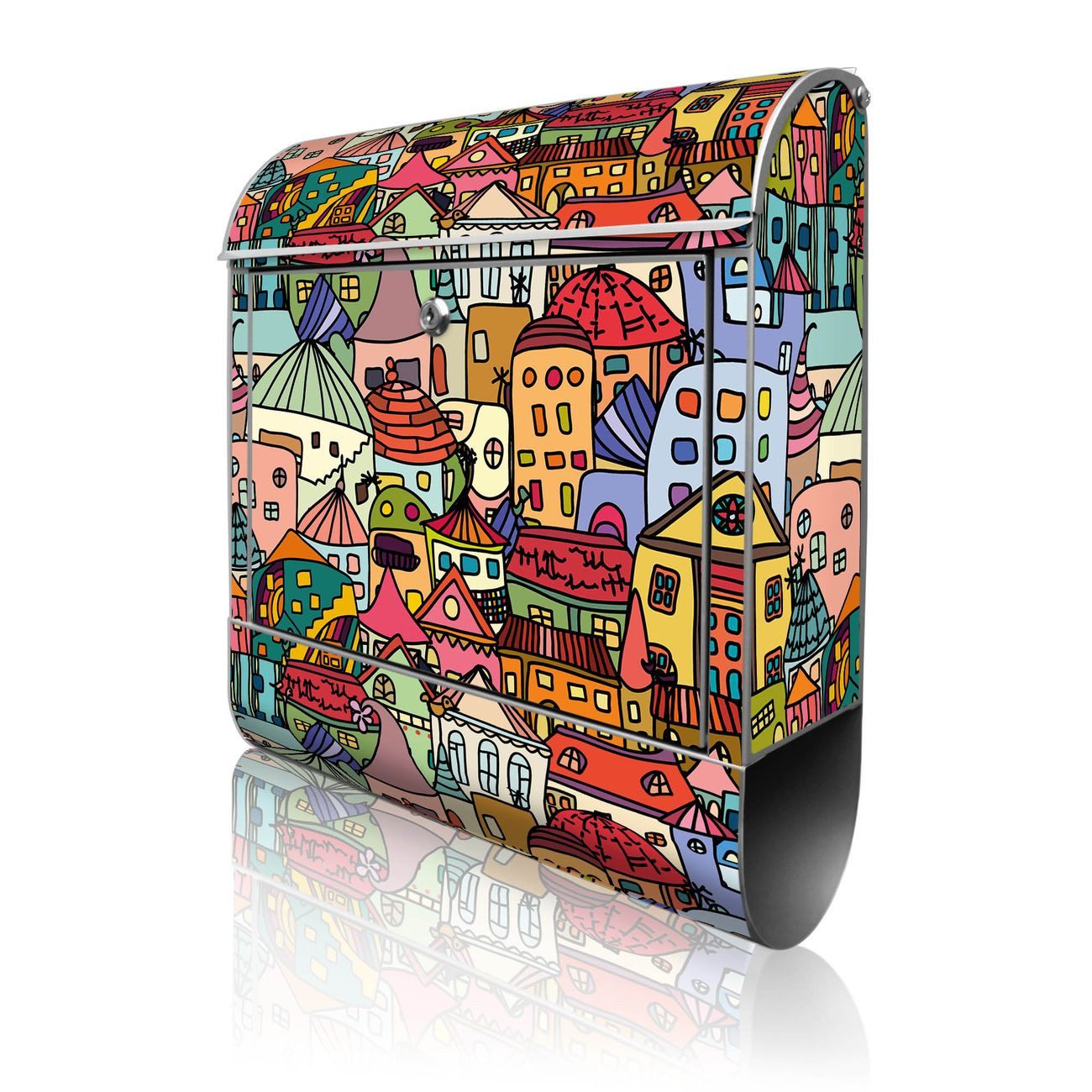 banjado Wandbriefkasten Silber Stahl mit Motiv Funky Town (Wandbriefkasten witterungsbeständig, pulverbeschichtet, mit Zeitungsfach), 47 x 39 x 14 cm