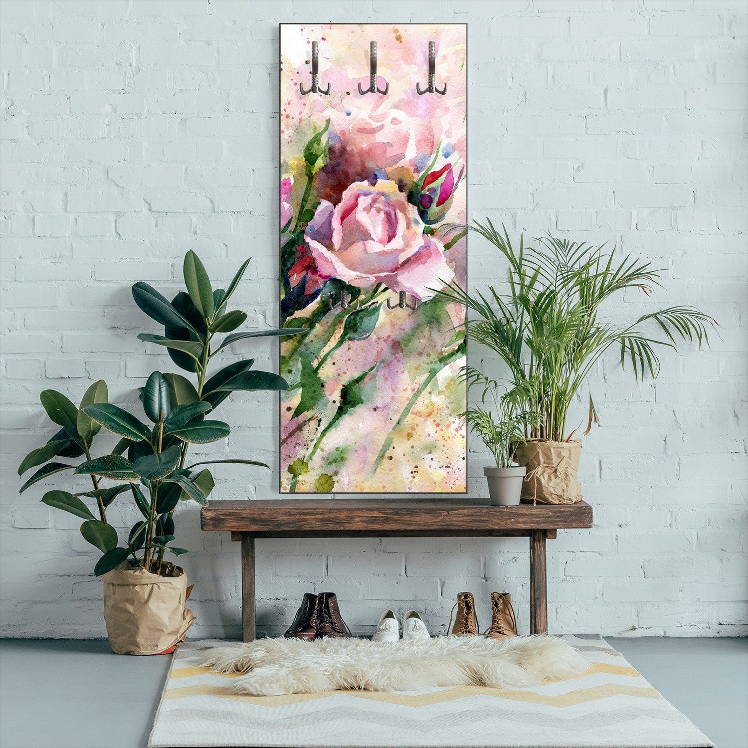 Wallario Garderobenpaneel Abstraktes Blumenbuket (1-teilig, inkl. Haken und Befestigung), 50x125cmHolz