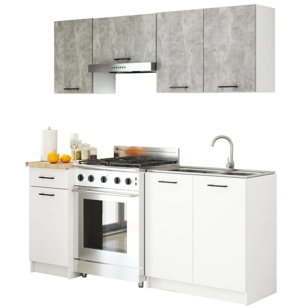 Raumhirsch Furniture Küchenzeile Modular erweiterbare Küchenzeile - Für kleine Küchen - Küchenblock, Hochwertiges Küchenmöbel Set aus Sonoma Eiche & Weiß