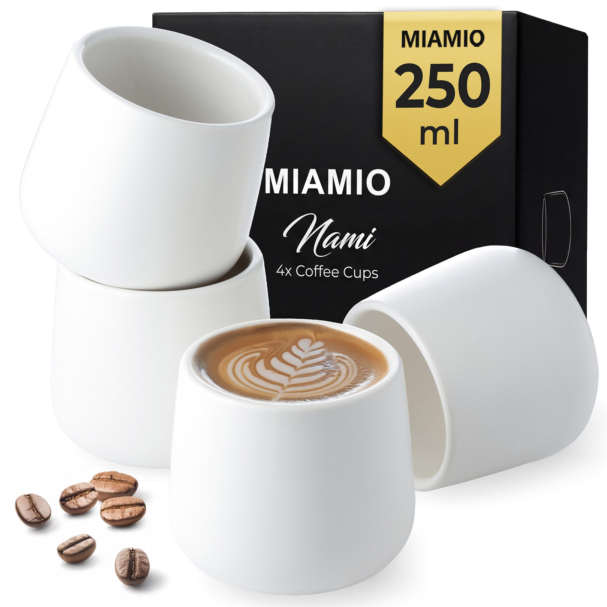 MiaMio Tasse Nami Kaffeebecher Weiß, 4-tlg., Keramik, ohne Henkel, 250 ml
