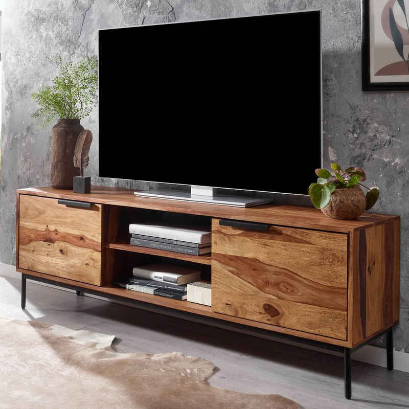 FINEBUY Lowboard FB78857 (Sheesham Massivholz 147x51x38 cm mit zwei Türen), TV-Schrank mit Stauraum, Fernsehkommode Modern