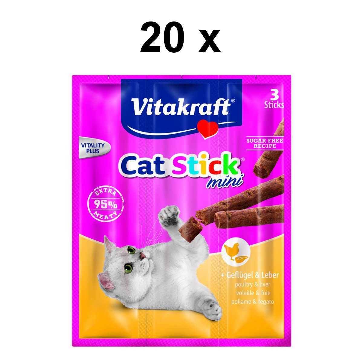 Vitakraft Katzensnack Cat-Stick mini Geflügel & Leber, 60 x 6g, Snack für: Katzen