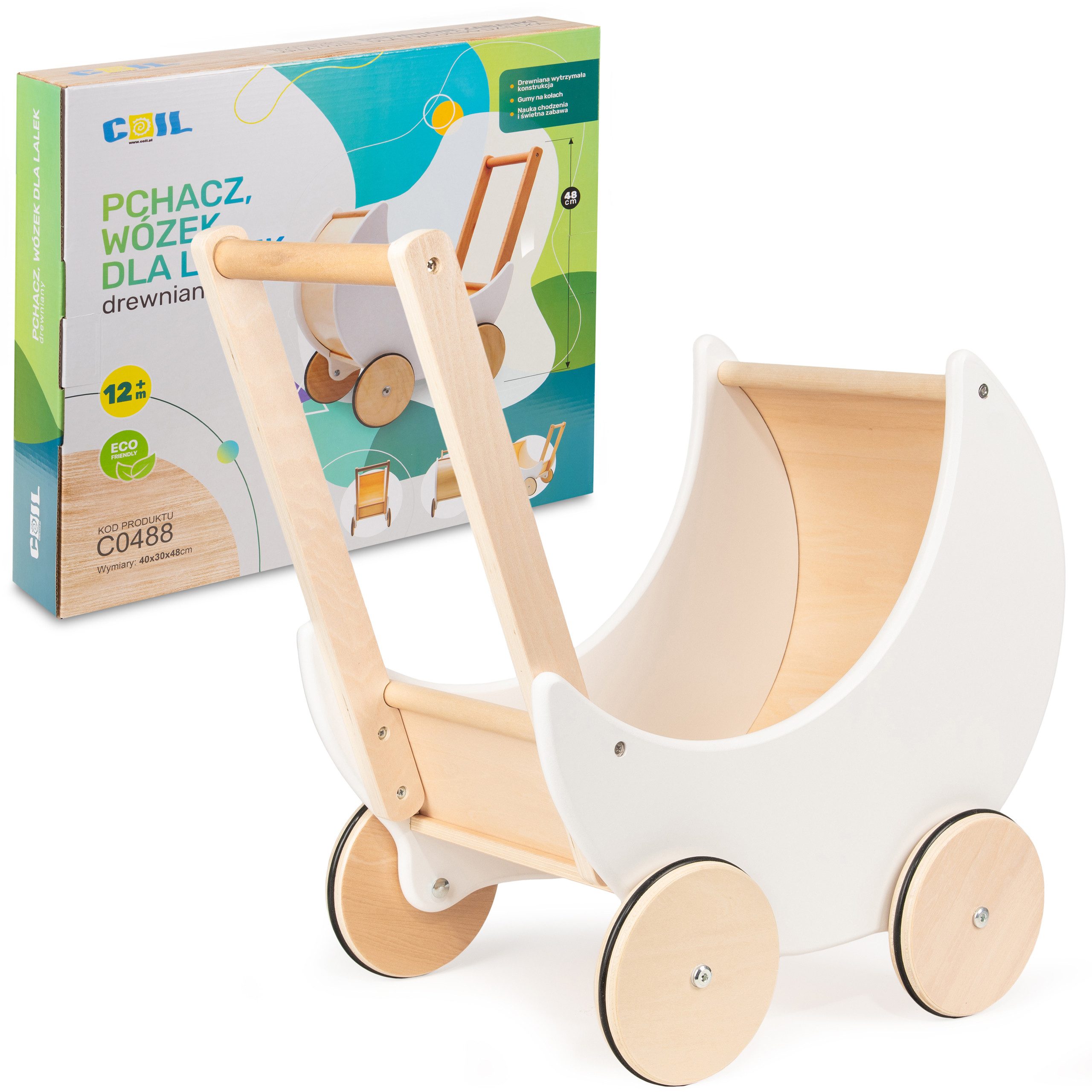 COIL Puppenwagen Lauflernwagen, Lauflernhilfe, aus Holz, Gummiräder, Kinderspielzeug