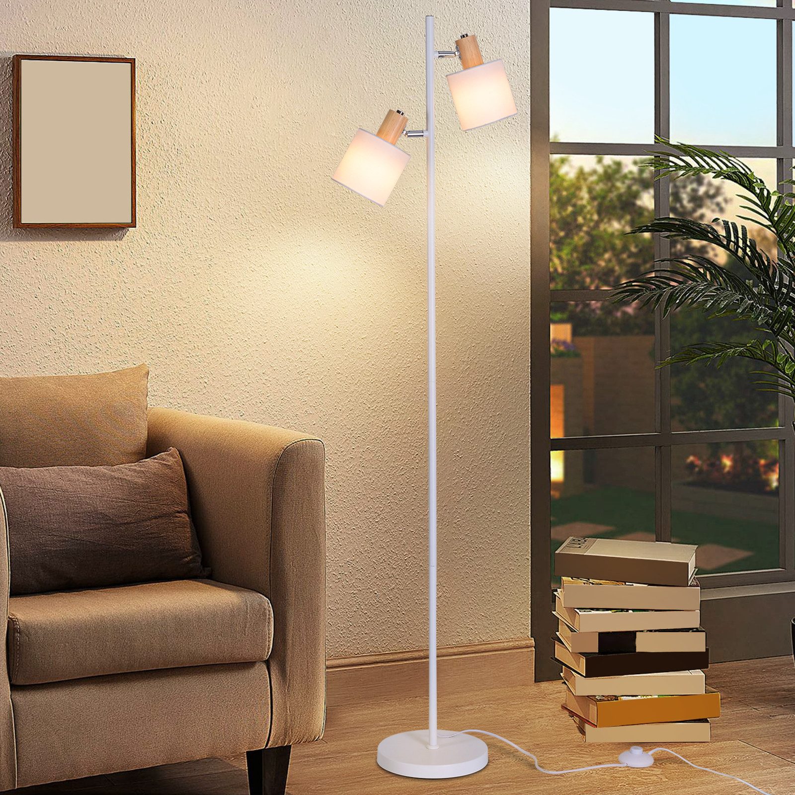 Stehlampe Vintage Weiß Stoffschirm 2 Flammig E14 145cm Wohnzimmer Standlampe