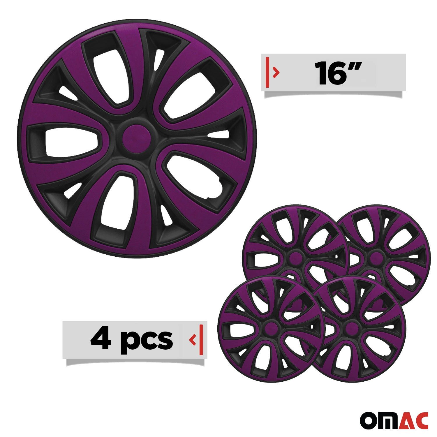 OMAC Wheel Covers 16 inch Matte Black & Purple 4-piece set, (4-pcs) Easy installation, lightweight, car wash safe