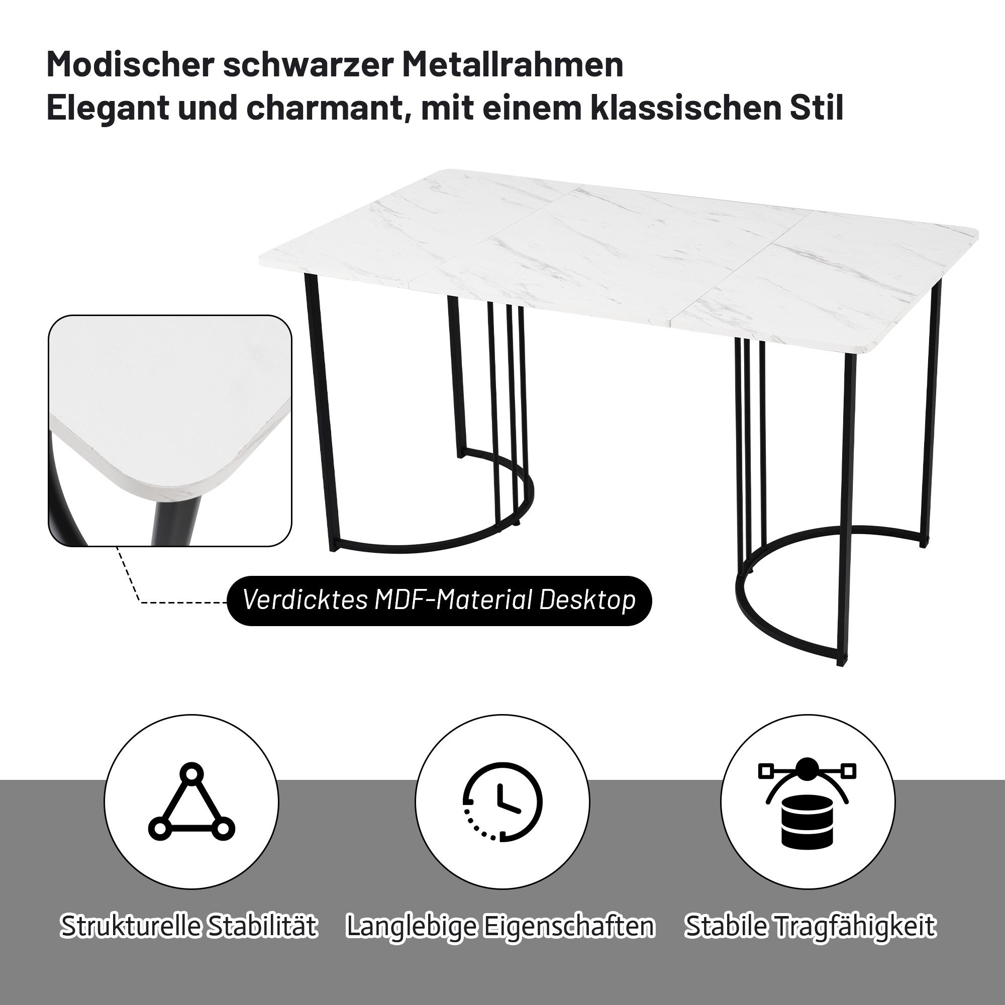 IDEASY Essgruppe 5St, 140×80cm Esstisch mit 4 Stühlen, Modernes Küchentischset, (Hohe Rückenlehne, verdicktes Sitzkissen, Küchentisch mit Marmormuster), Samt Esszimmerstühle, MDF Tischplatte, Golden Metallbeinen