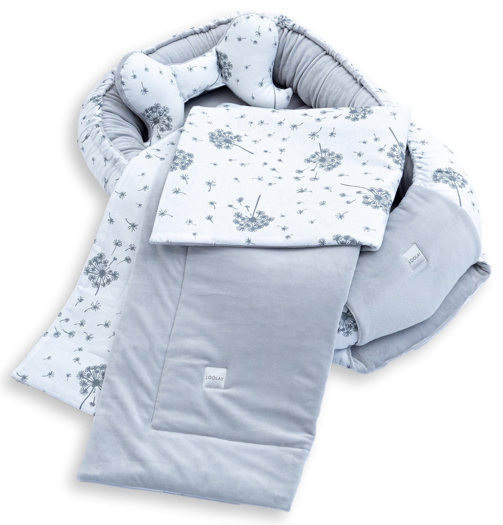 Loolay Kuschelnest BABYNEST 5 TLG. Set PREMIUM Babyausstattung Baumwolle & Samt Velours, (MUSTER: GRAU Samt Velour/ Pustelblume Weiß, 5-tlg., Liebevoll handgefe – Bild 3 von 5