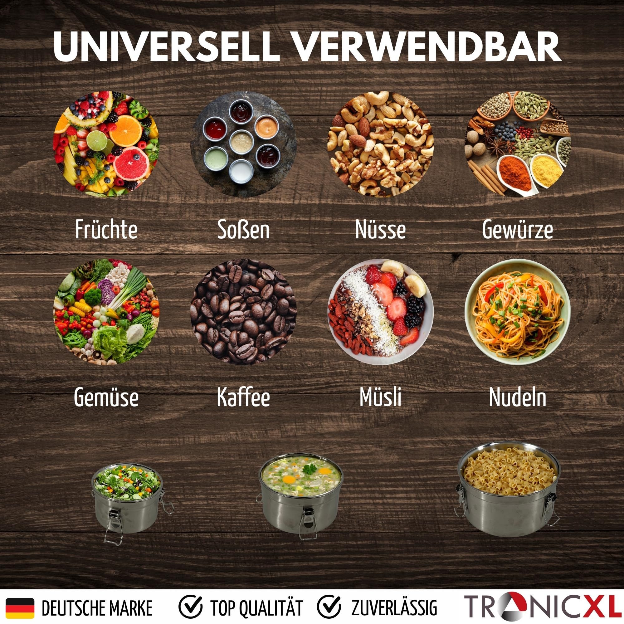 TronicXL Lunchbox 3 Lunchbox Edelstahl Behälter Mit Deckel Frischhaltedose Metall rund, Edelstahl, (3-tlg., ineinander stapelbar), Camping Küche Vorratsdose Dos – Bild 3 von 5