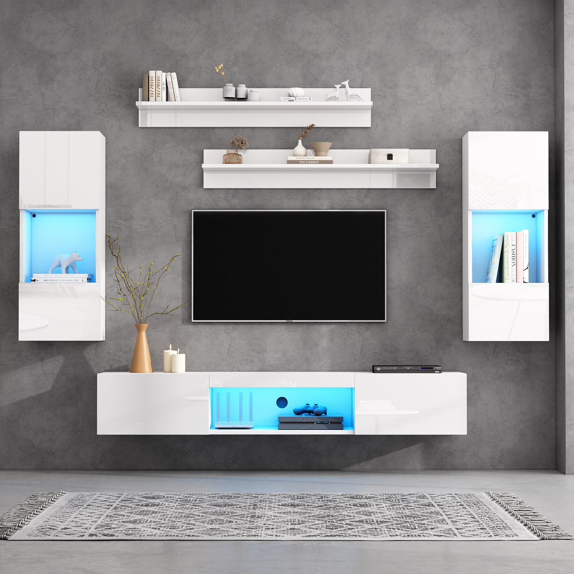 Merax Wohnwand Set Hochglanz, 5-teilig Wohnzimmermöbel mit LED-Beleuchtung, (5-St), Wohnzimmermöbel mit 1 TV-Schrank, 2 Wandschränken & 2 Wandregalen