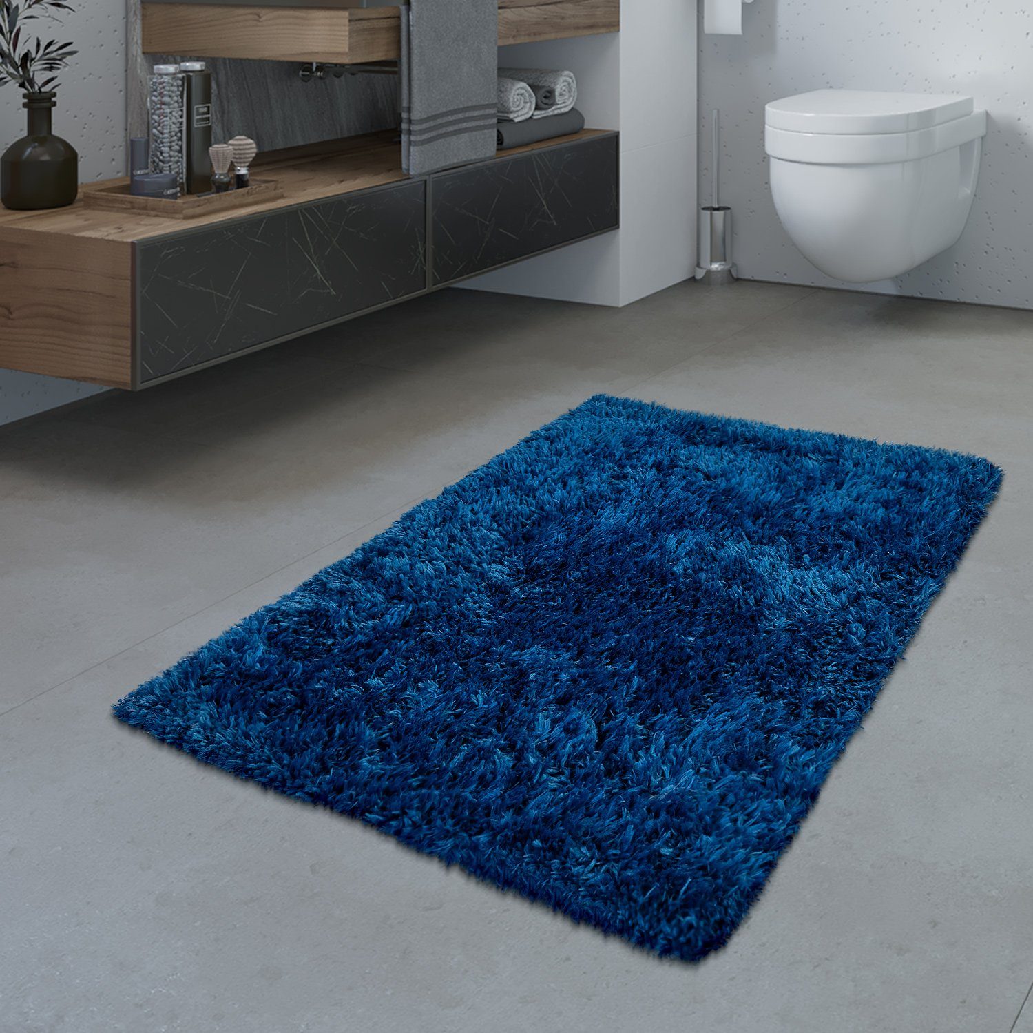 Fußmatte Badezimmer Teppich Hochflor Badematte Modern Kuschelig Weich Uni  Blau, TT Home, rechteckig, Höhe: 44 mm