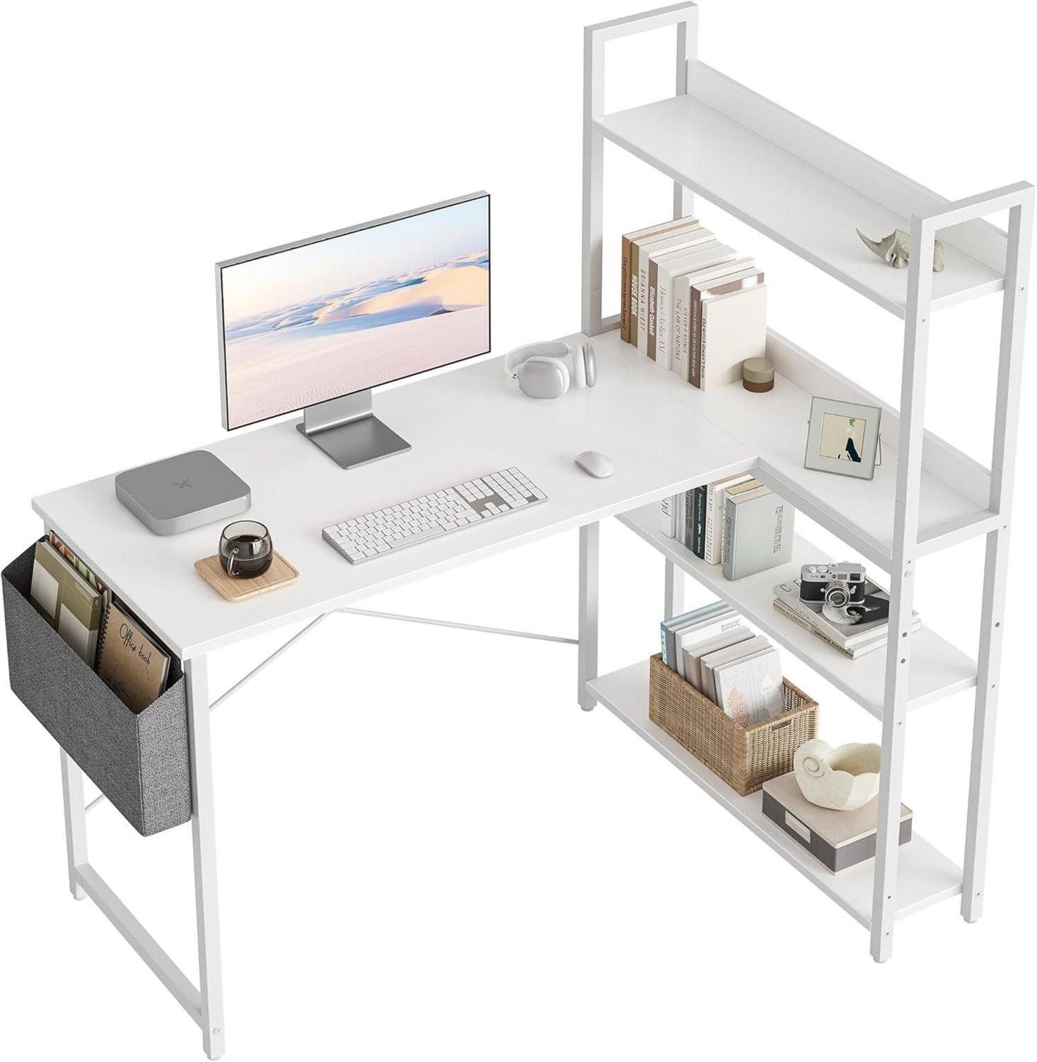 LuxusKollektion Eckschreibtisch Schreibtisch Eckschreibtisch mit Regal Ablagefächern Weiß 120cm