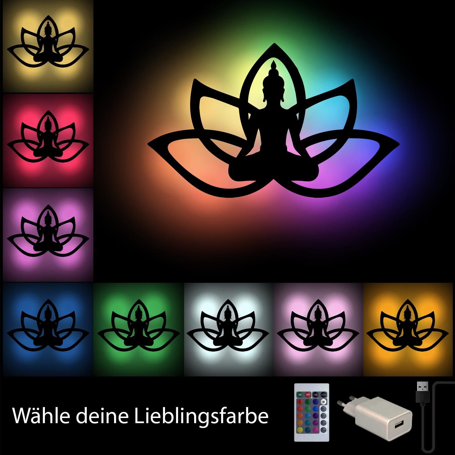 Namofactur LED Wandleuchte Haltung Lotus aus Farbwechsler LED fest Blume, Schwarz Holz, RGB integriert, Buddha Wandlampe Meditation Yoga