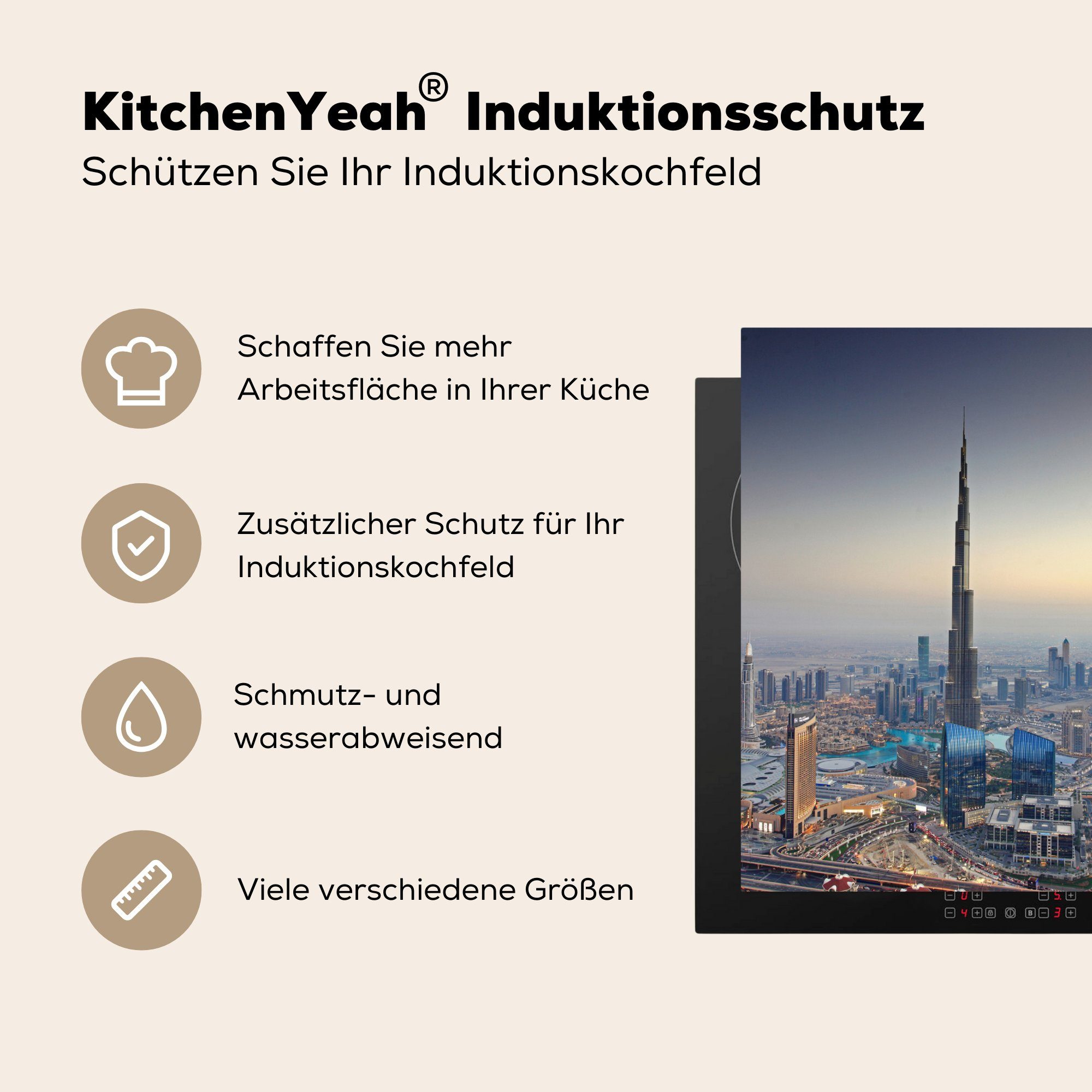 - (1 Khalifa Herdblende-/Abdeckplatte MuchoWow - Ceranfeldabdeckung, Dubai, Skyline Arbeitsplatte 78x78 cm, für tlg), Burj küche Vinyl,
