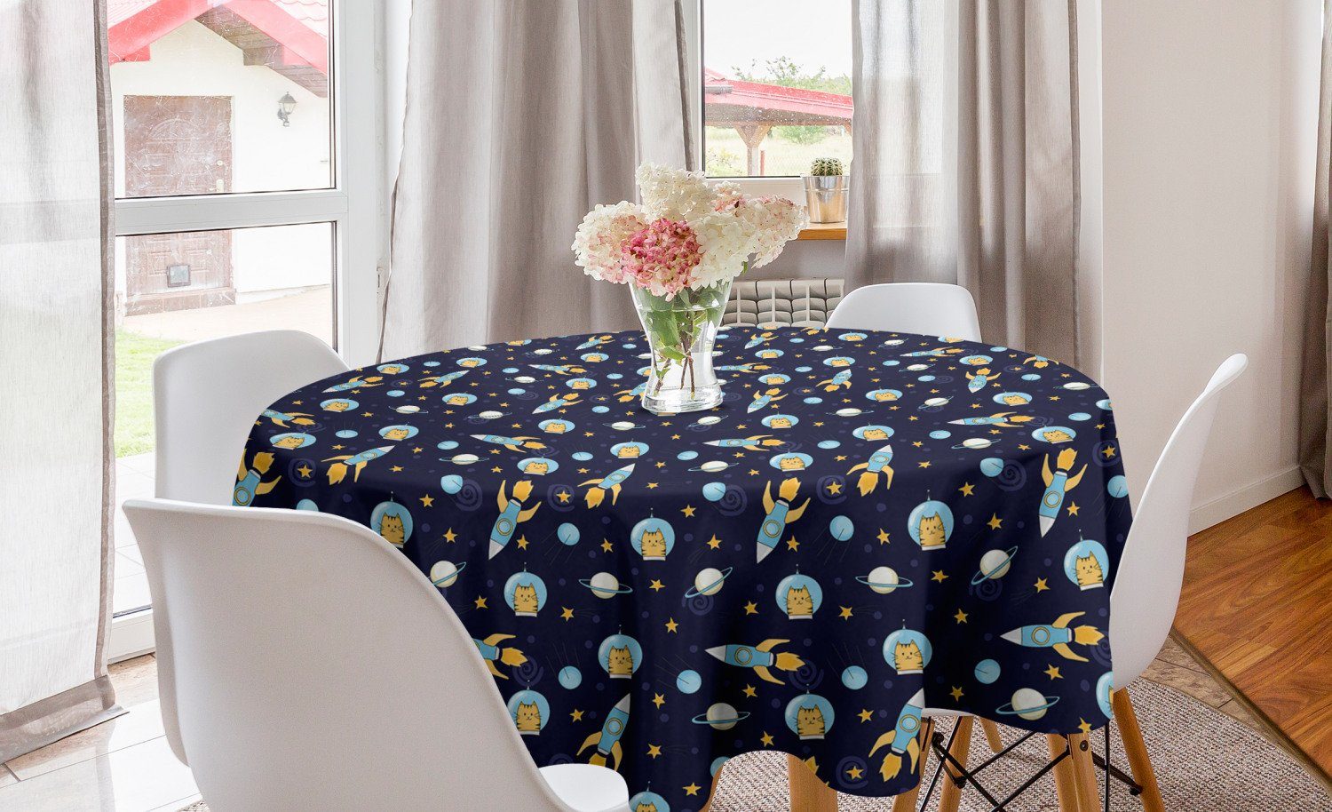 Abakuhaus Tischdecke Kreis Tischdecke Abdeckung für Esszimmer Küche Dekoration, Platz Katzen-Flug zu Weltraum