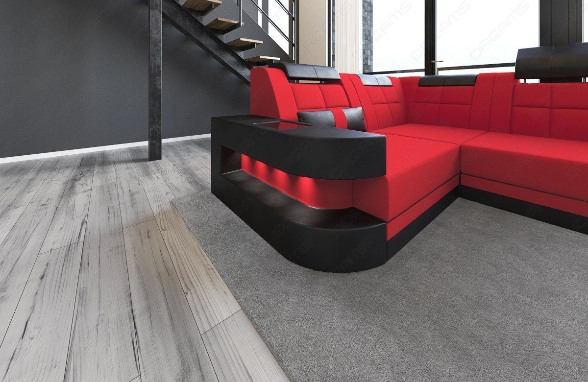 Form Couch wahlweise Wave Mikrofaser rot-schwarz Stoffsofa Stoff, Sofa U Polstersofa M Dreams mit Bettfunktion Wohnlandschaft